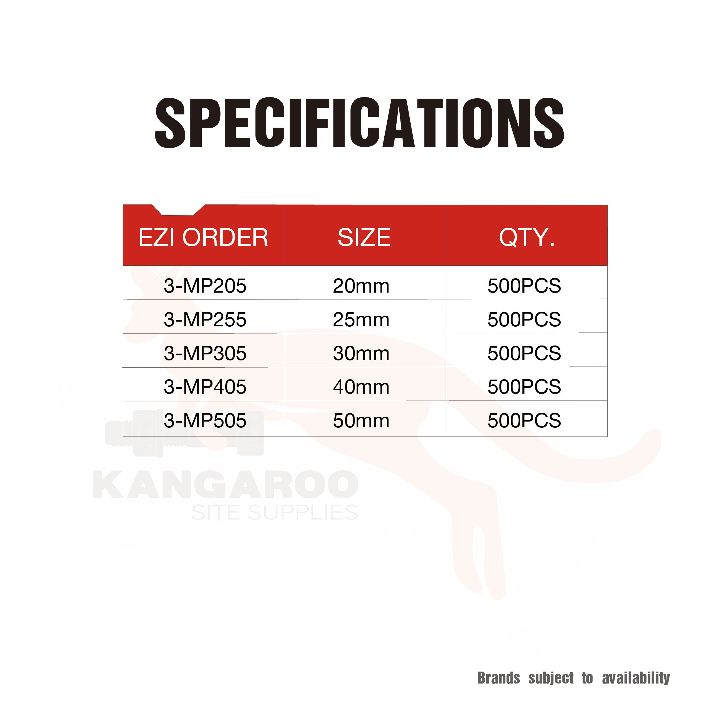 Mickey Pins Washered Pack500, Multiple Sizes