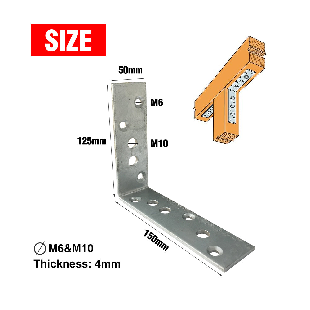 Builders Angle Bracket HDG 4mm Thickness 50x150x125mm M6 & M10 Holes