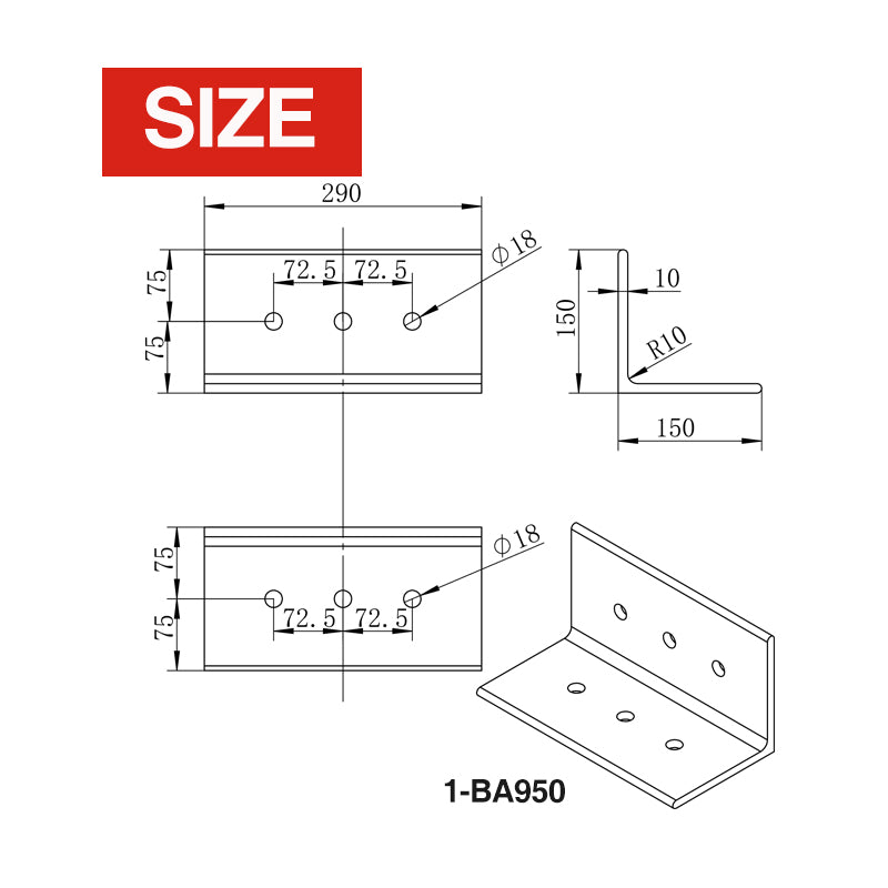 Heavy Duty Angle Bracket 150x150x240x10mm, 150x150x290x10mm