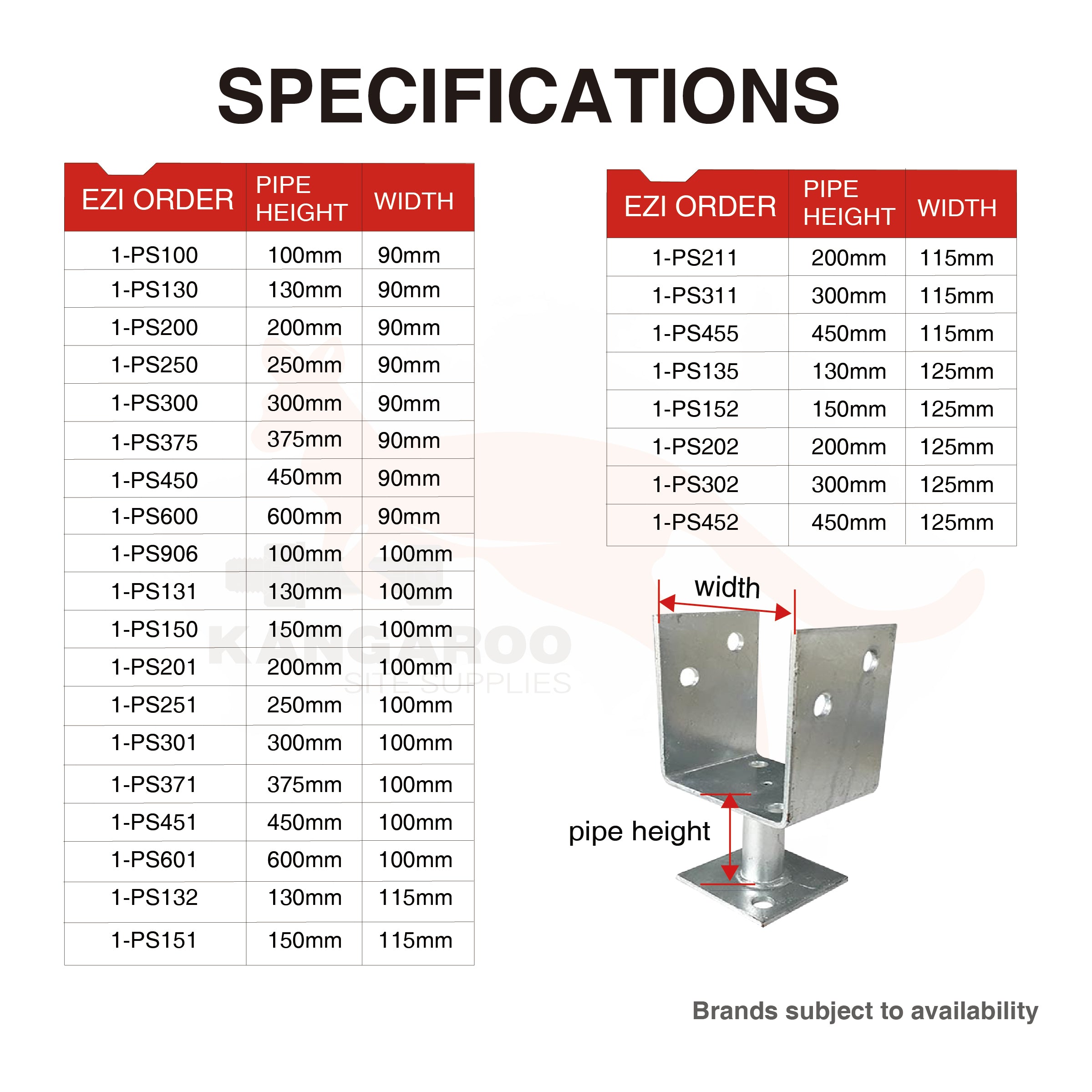 Post Support Galv Full U Shape, Multiple Sizes