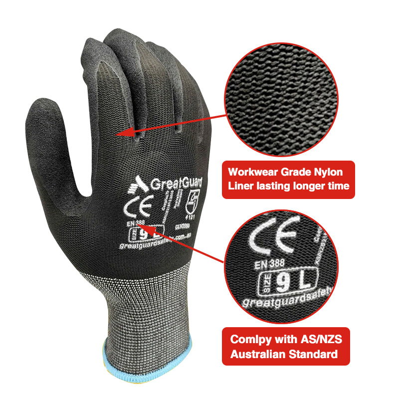 GreatGuard Gloves Sandy Foam Nitrile Coated Pack 12, S/M/L/XL