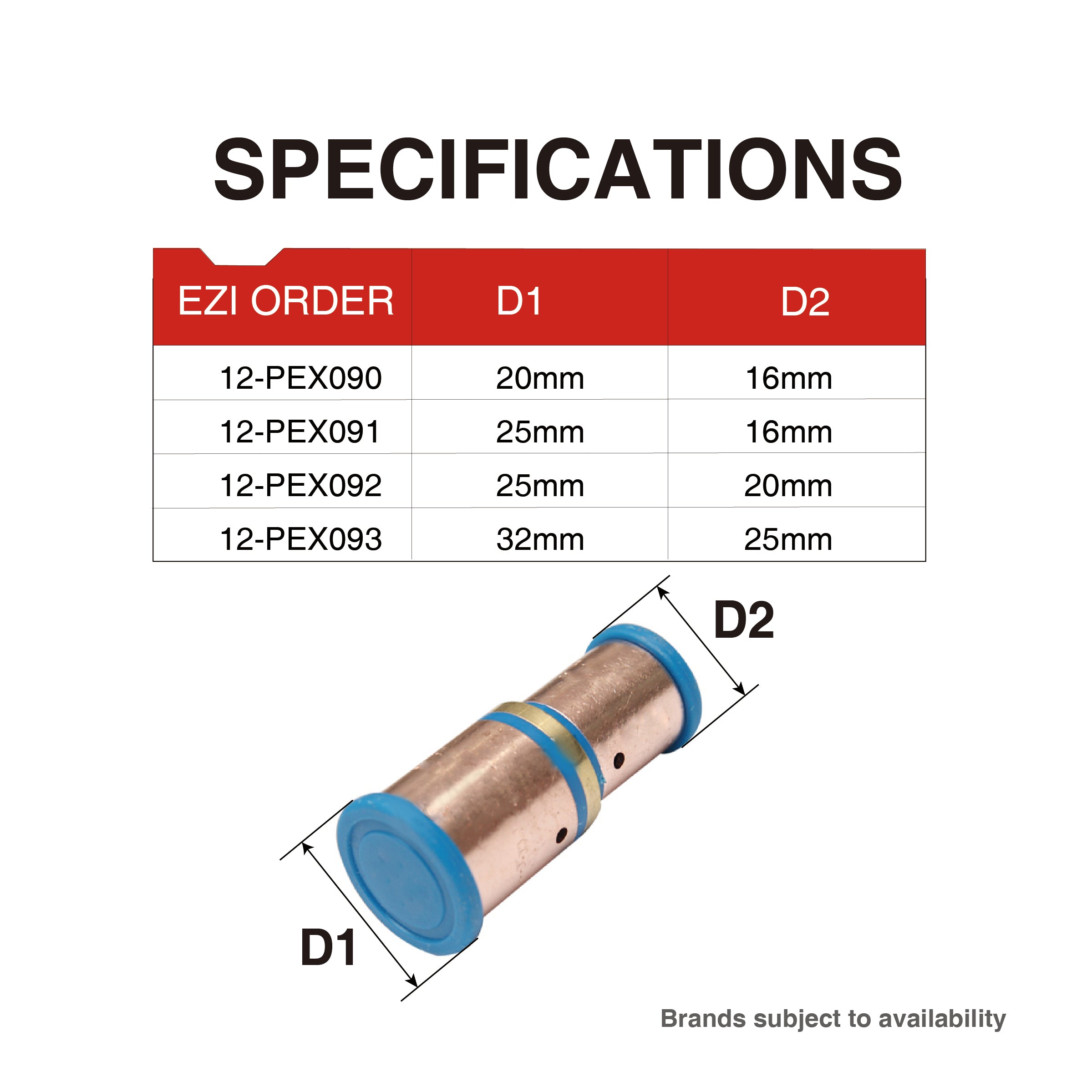 Pex Crimp-On Brass Fittings Reducing Coupling As/Nzs 2537, Multiple Sizes