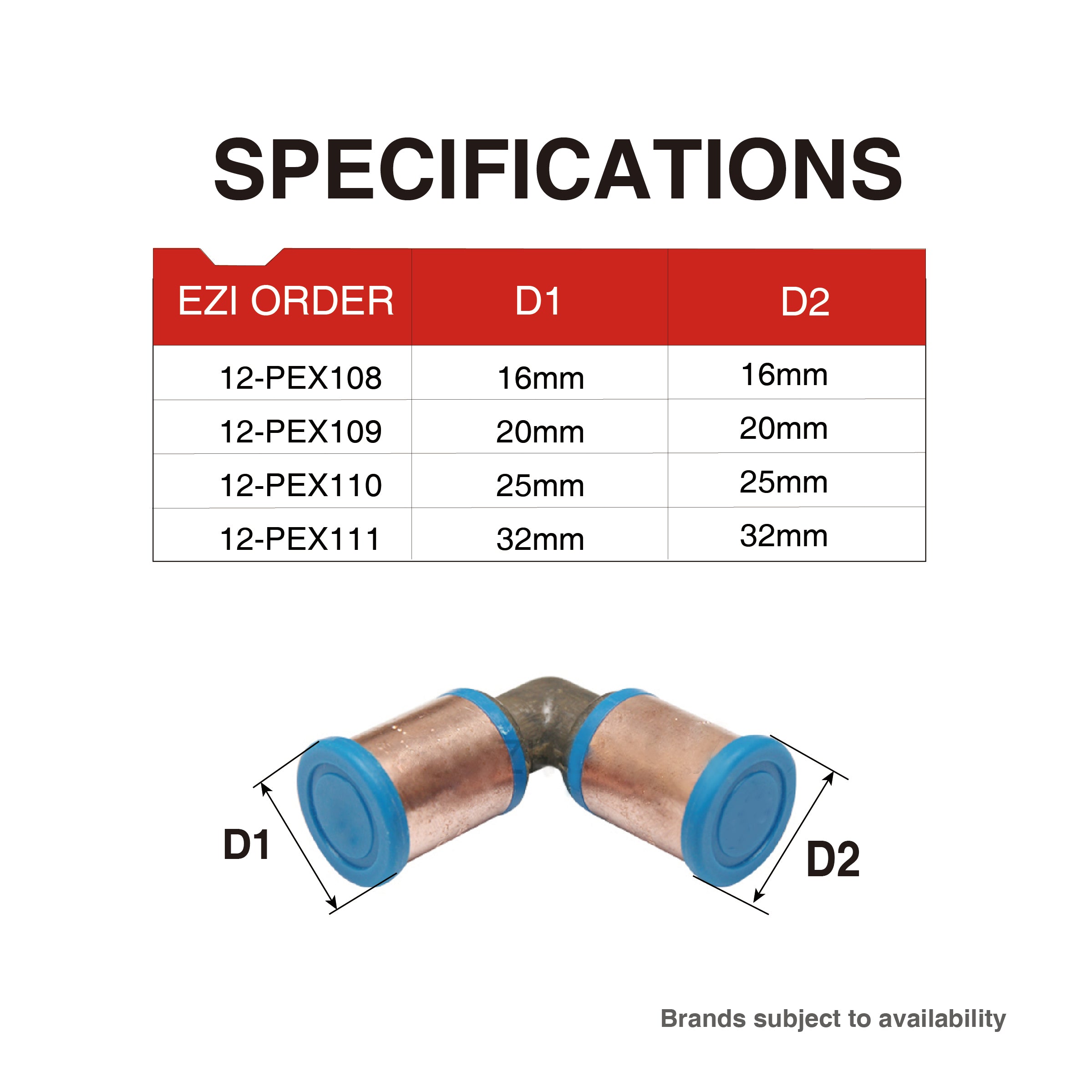 Pex Crimp-On Brass Fittings Equal Elbow As/Nzs 2537, Multiple Sizes