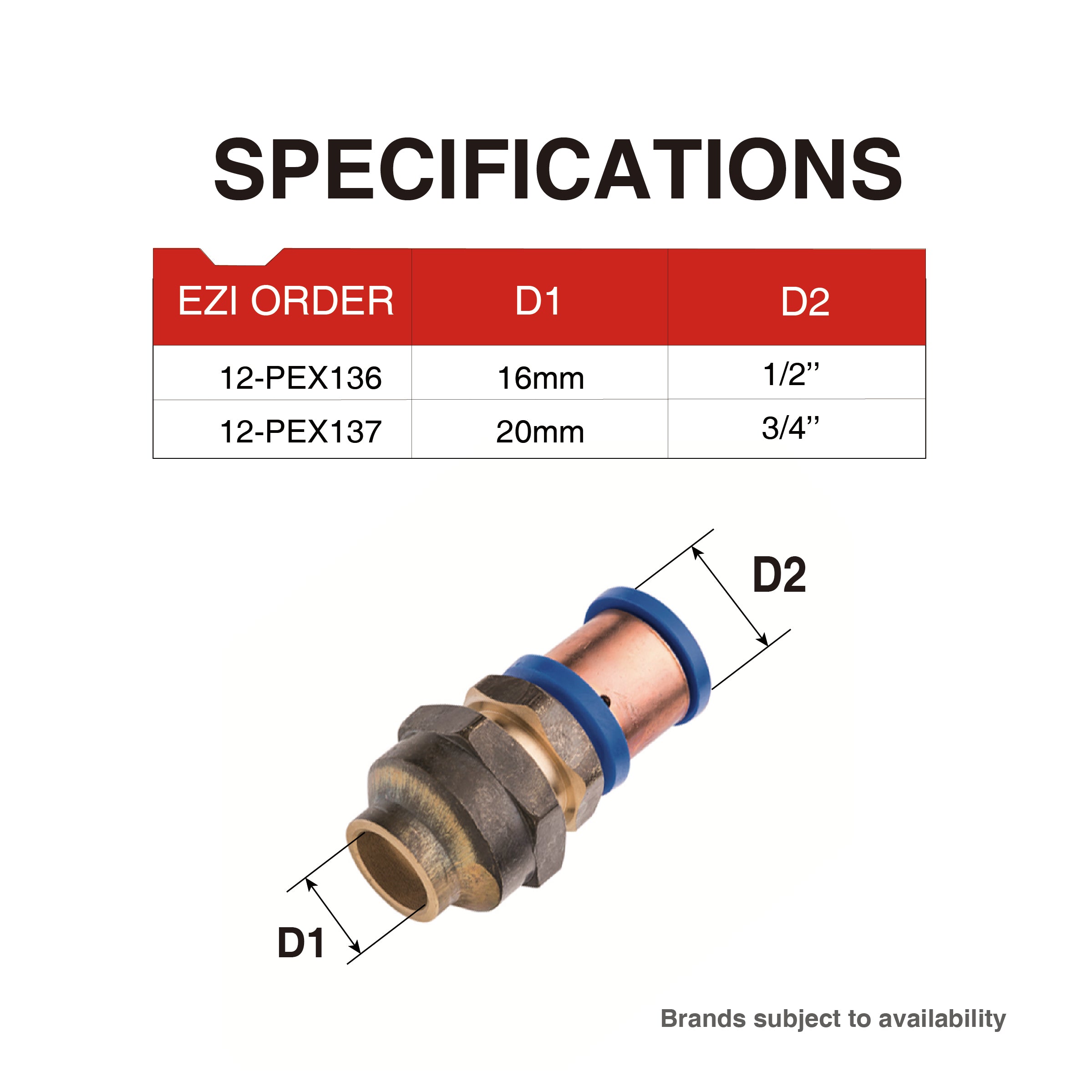 Pex Crimp-On Brass Fittings Flared Copper Compression Union As/Nzs 2537, Multiple Sizes