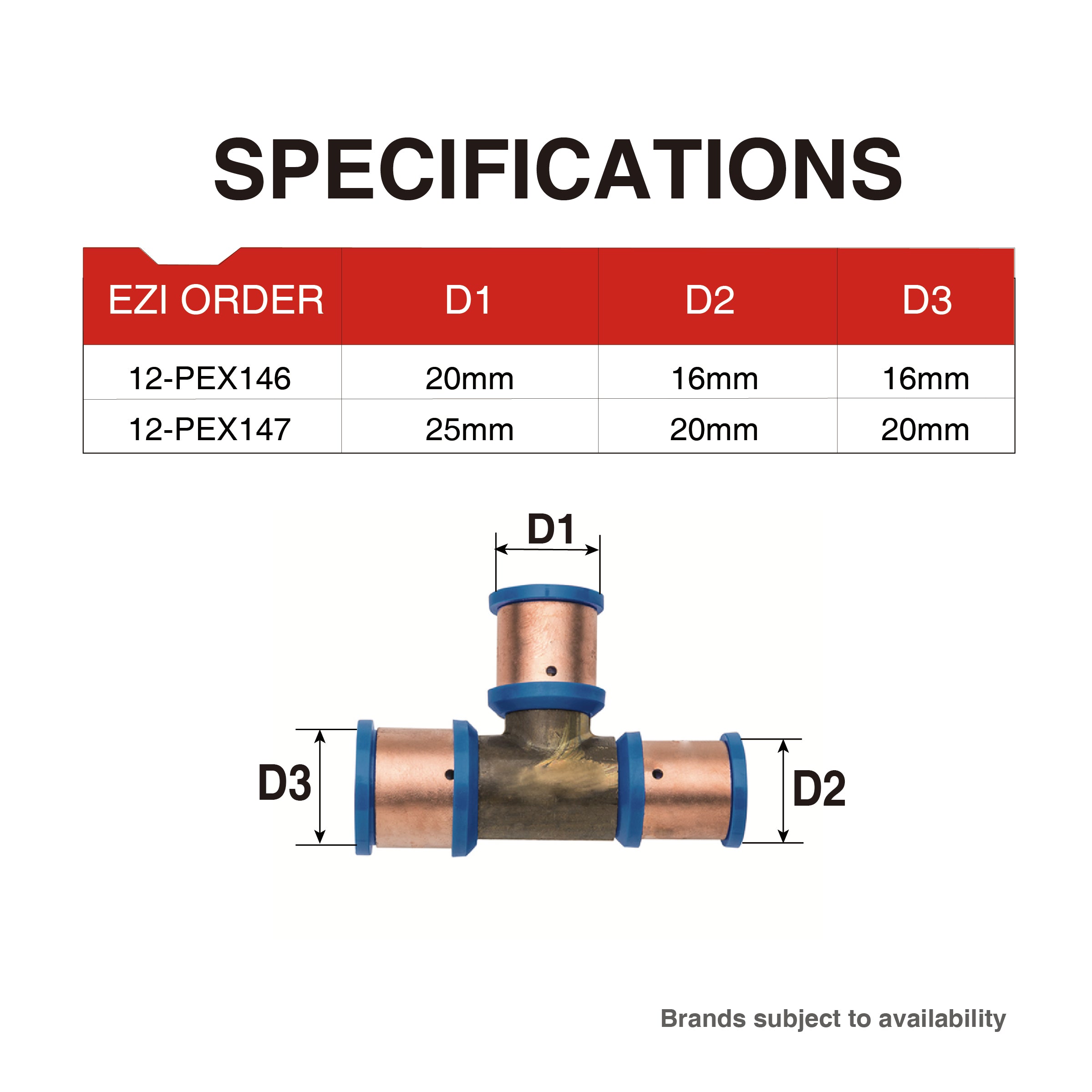 Pex Crimp-On Brass Fittings Reducing Tee As/Nzs 2537, Multiple Sizes