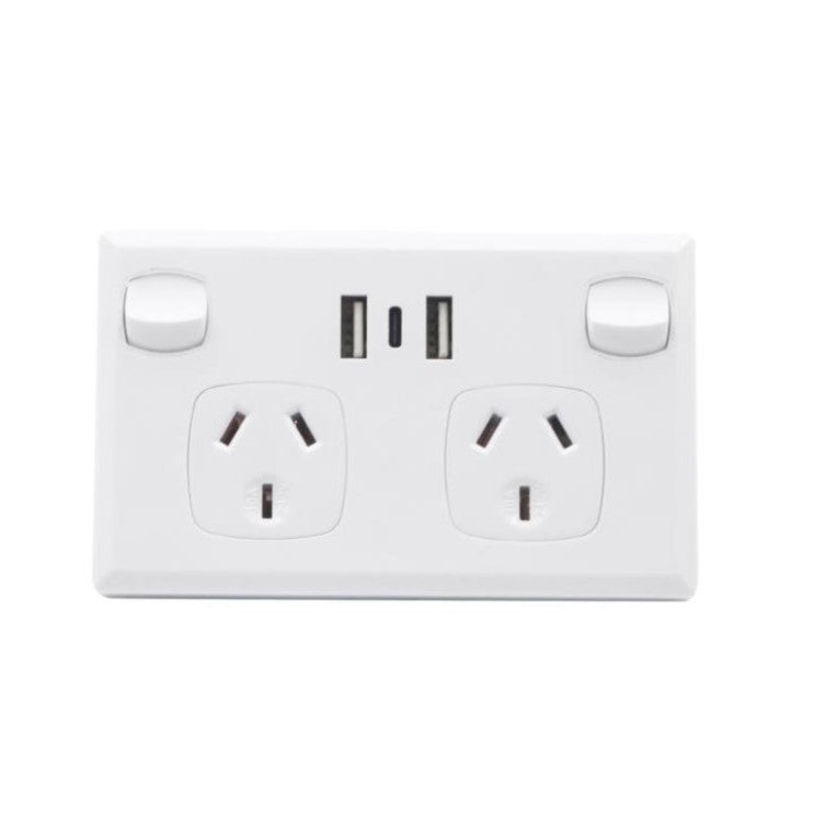 Switched Double Power Point With 3.6A Usb C & A Charger SAA White