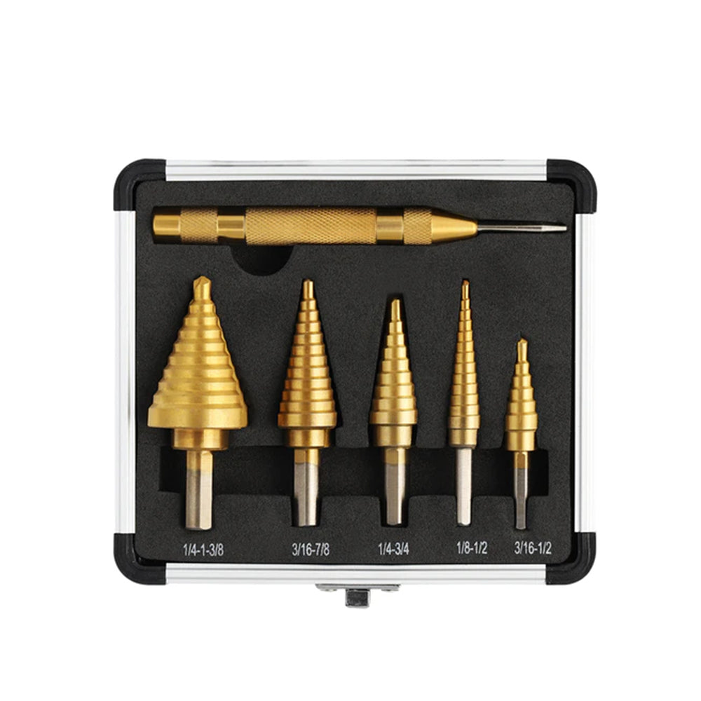 Step Drill Bit Set With Center Punch Titanium HSS 6pcs