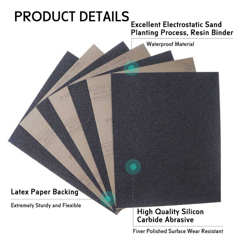 Abrasive Paper Waterproof 230x280mm 50pcs Pack, Multiple Grits