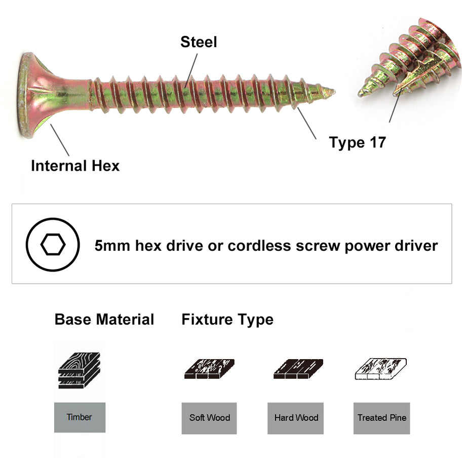 T17 Screw Bugle Head Batten Yellow Zinc Multiple Sizes
