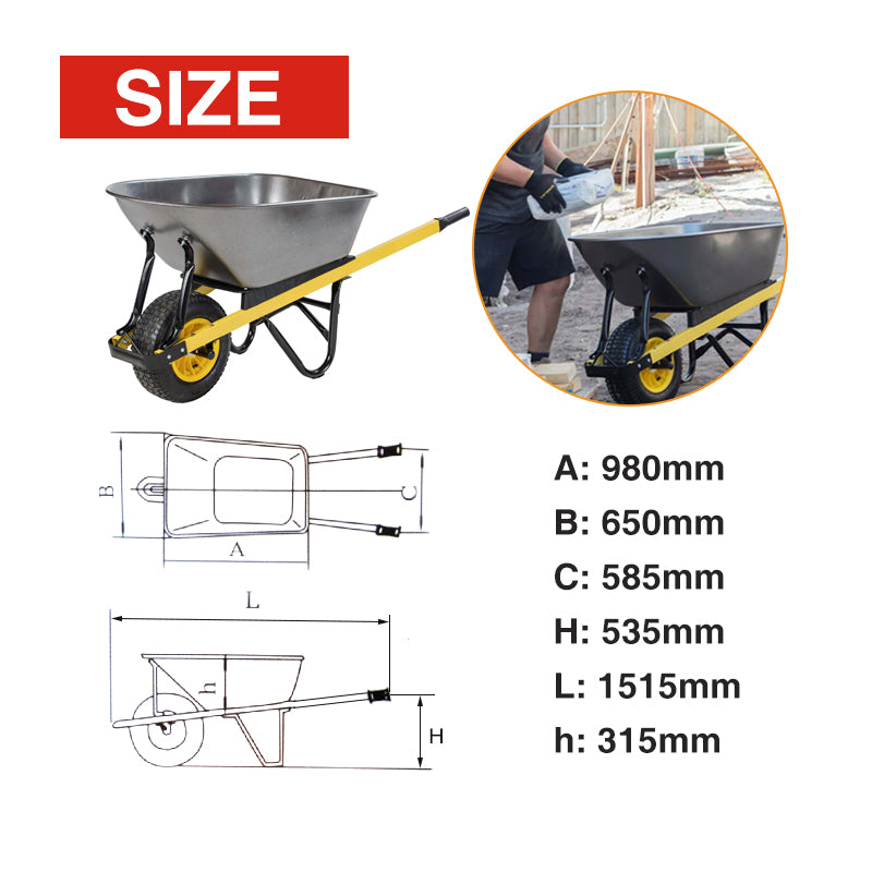 Construction Wheelbarrow Wide Wheel Steel Tray 100L
