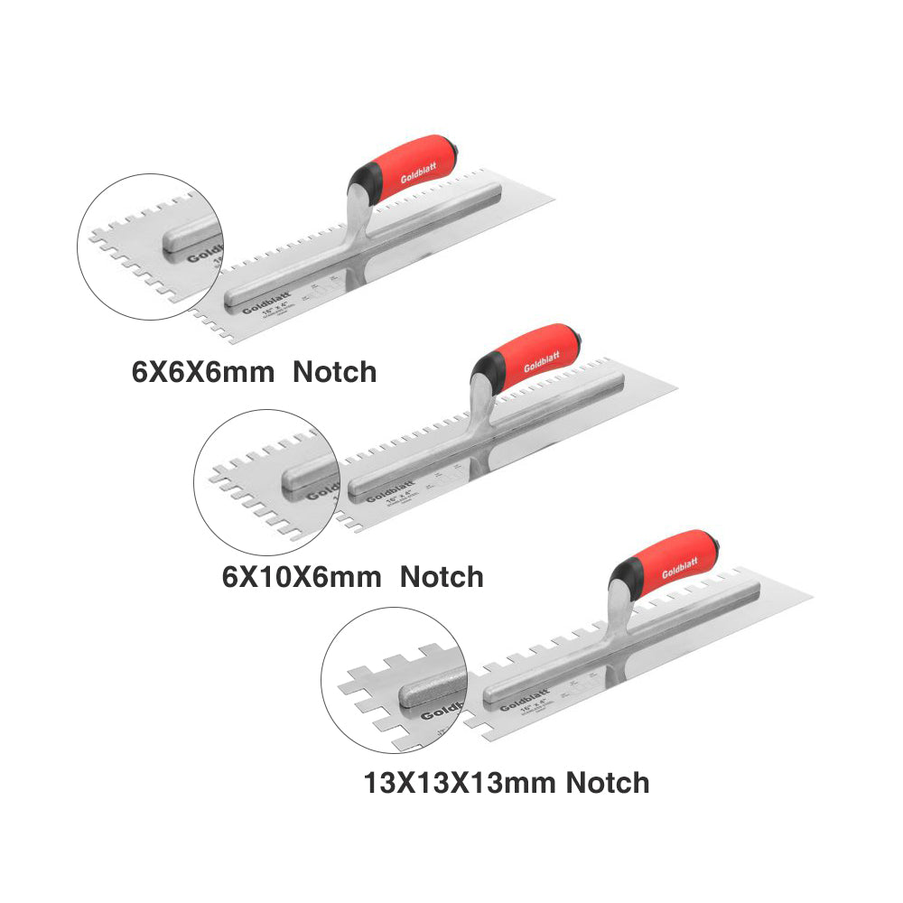 Goldblatt Notched Trowel 400X100mm S/S Soft Handle Sq, Multiple Sizes