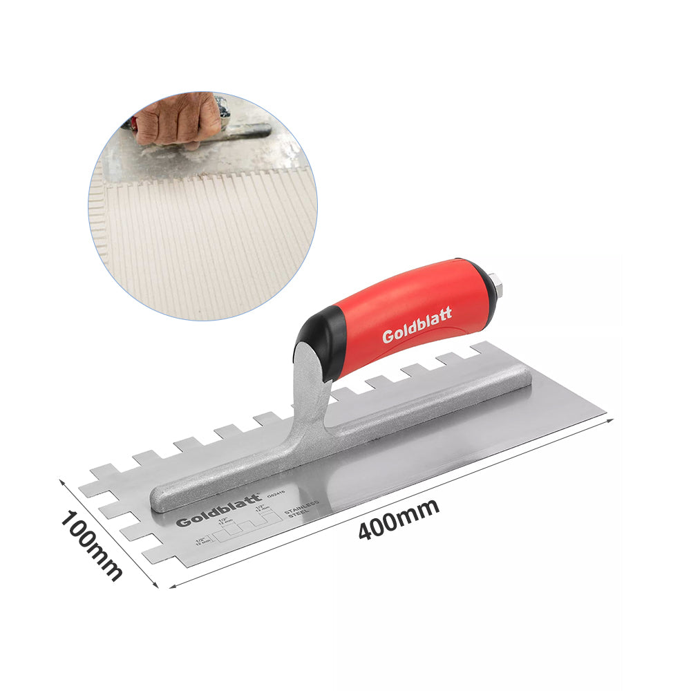 Goldblatt Notched Trowel 400X100mm S/S Soft Handle Sq, Multiple Sizes