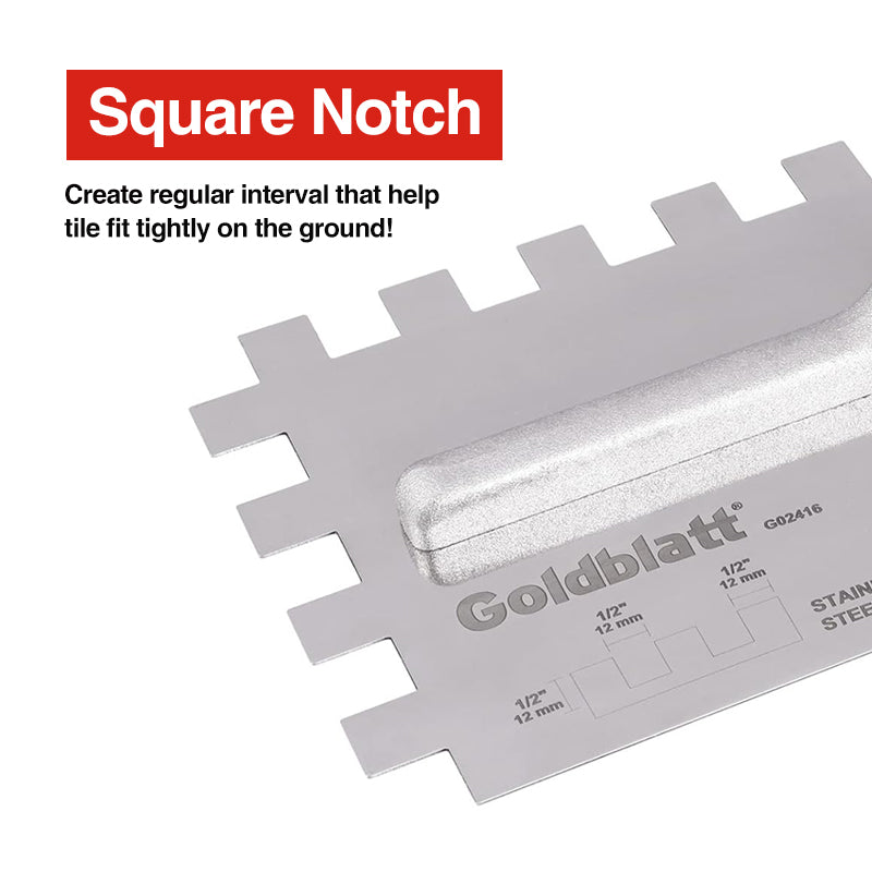 Goldblatt G02379/G02413/G02416 Notch Trowel 275X115mm S/S Soft Grip Handle Sq Multiple Sizes