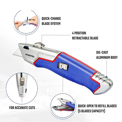 Utility Knife Retractable Auto-Reload Metal with Spare Blades