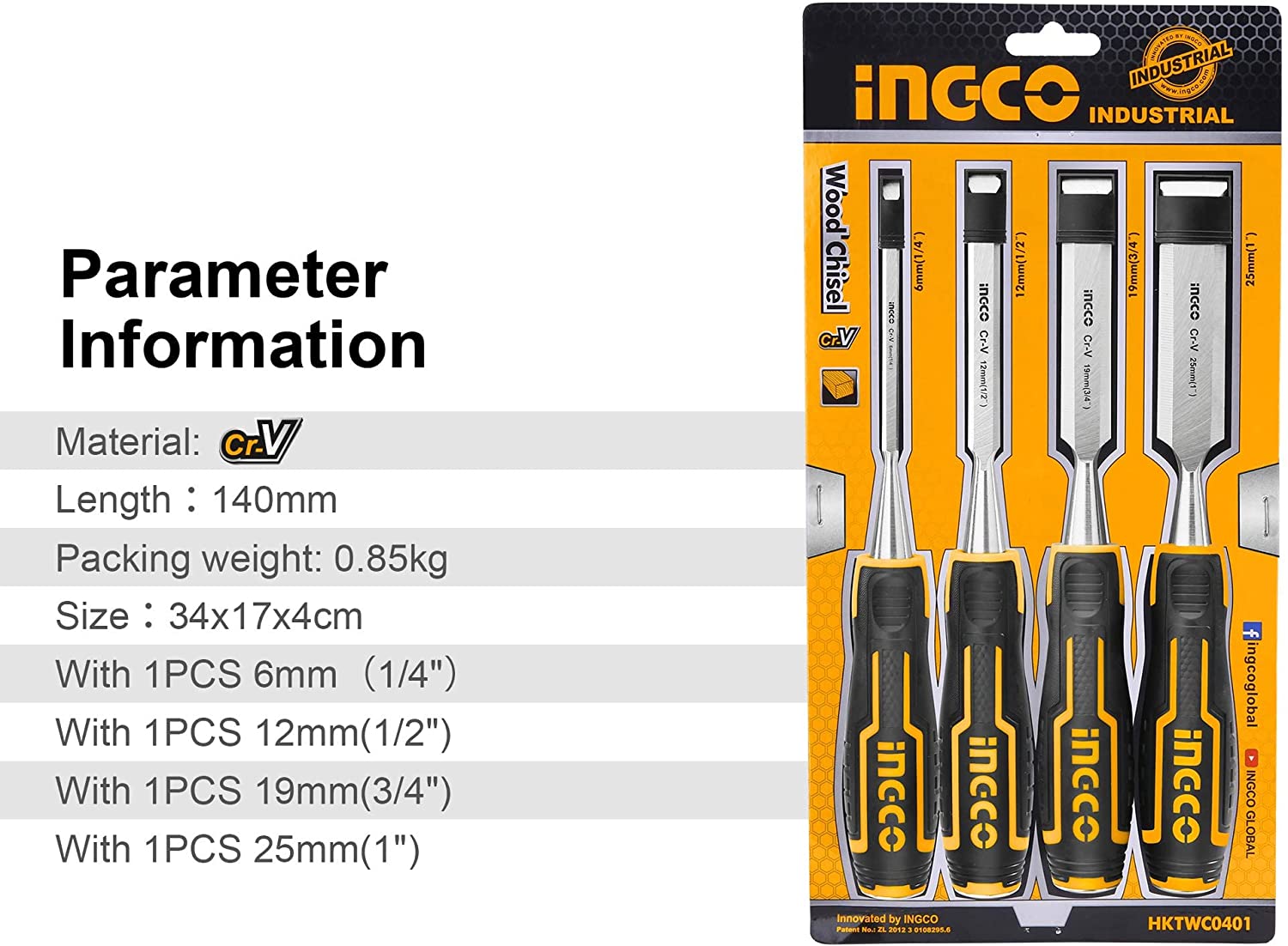 Wood Chisel 4pcs (6 , 12, 19, 25mm)