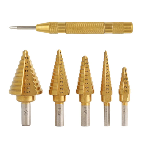 Step Drill Bit Set With Center Punch Titanium HSS 6pcs