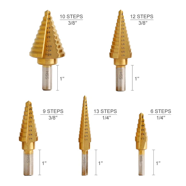 Step Drill Bit Set With Center Punch Titanium HSS 6pcs