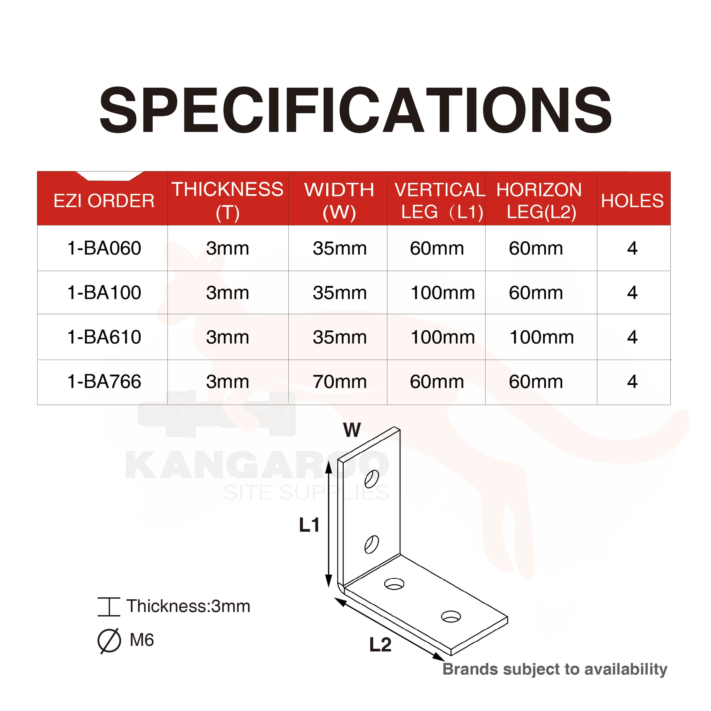 Builders Angle Bracket HDG 3mm Thickness M6 Holes