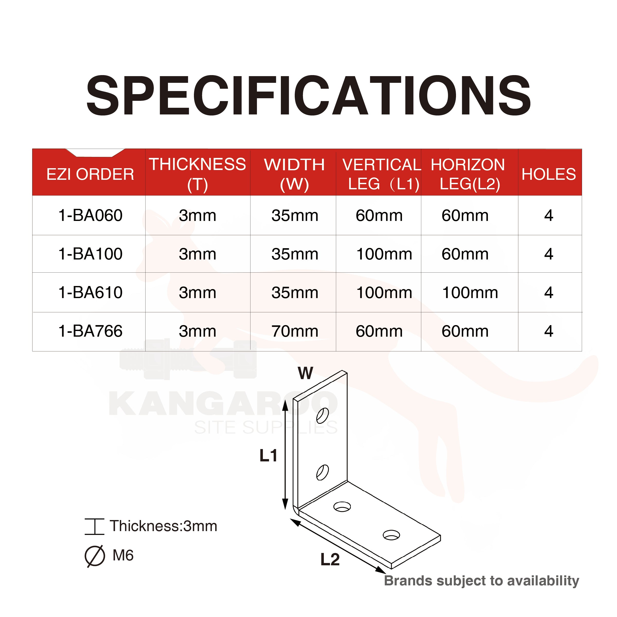 Builders Angle Bracket HDG 3mm Thickness M6 Holes