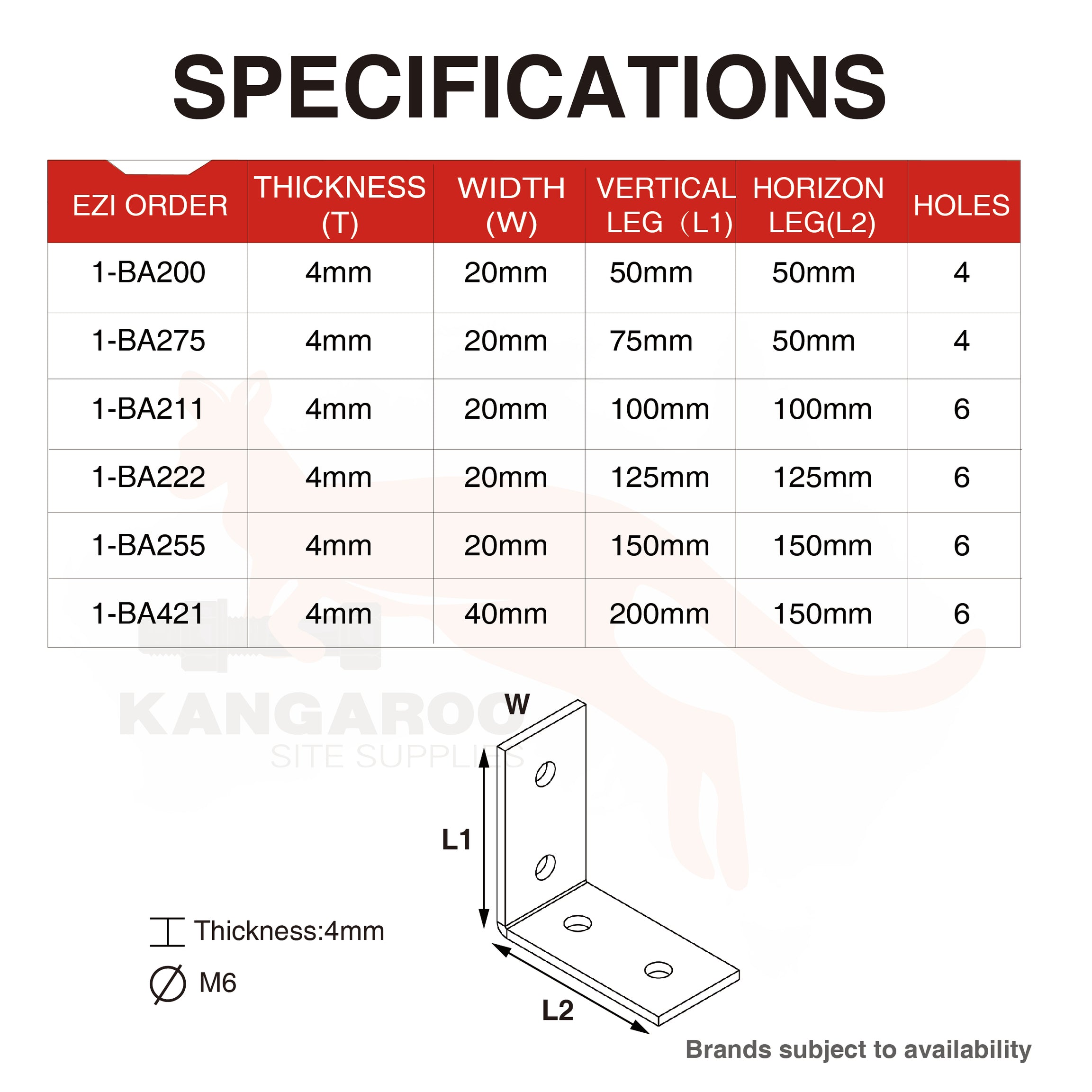 Builders Angle Bracket HDG 4mm Thickness M6 Holes