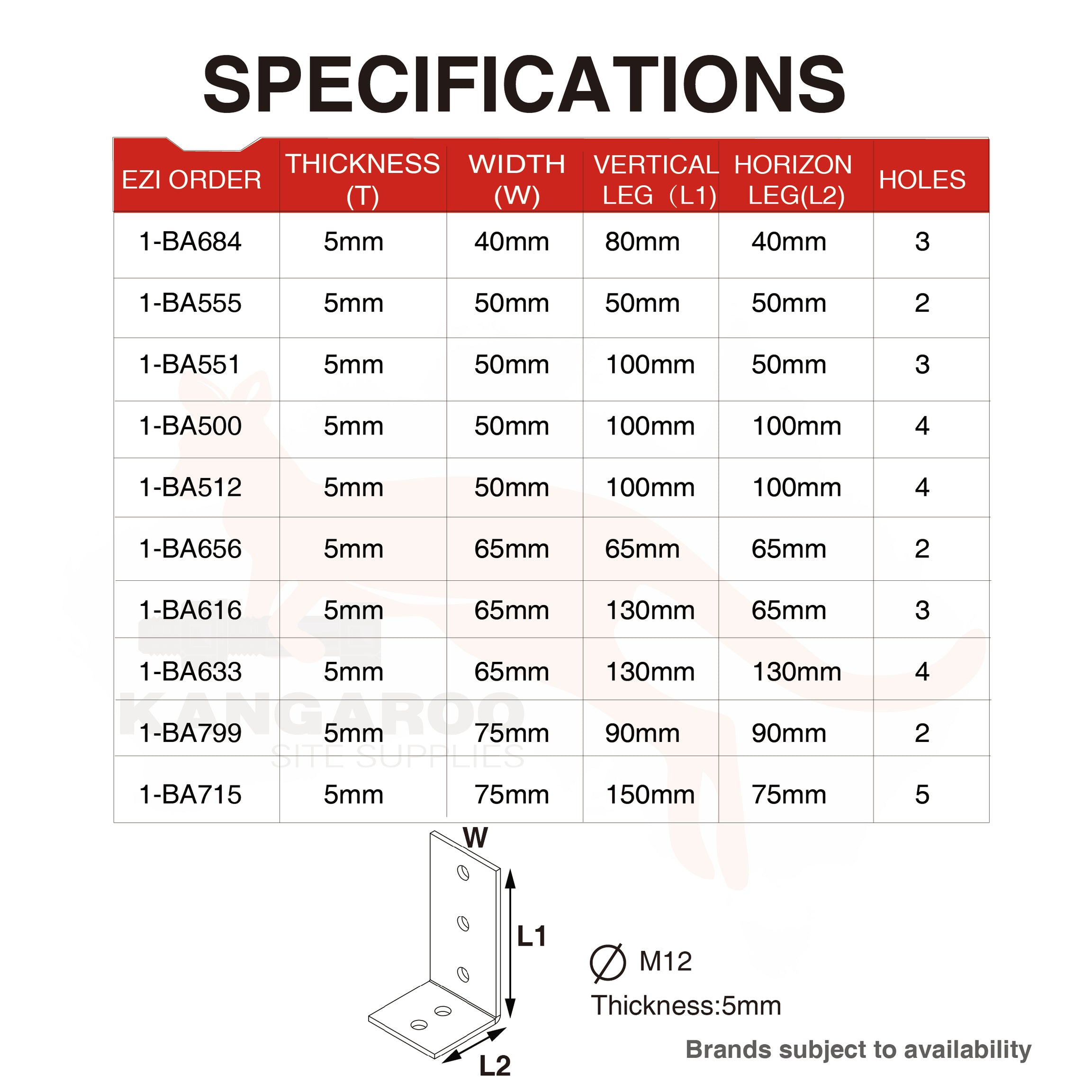 Builders Angle Bracket HDG 5mm Thickness M12 Holes