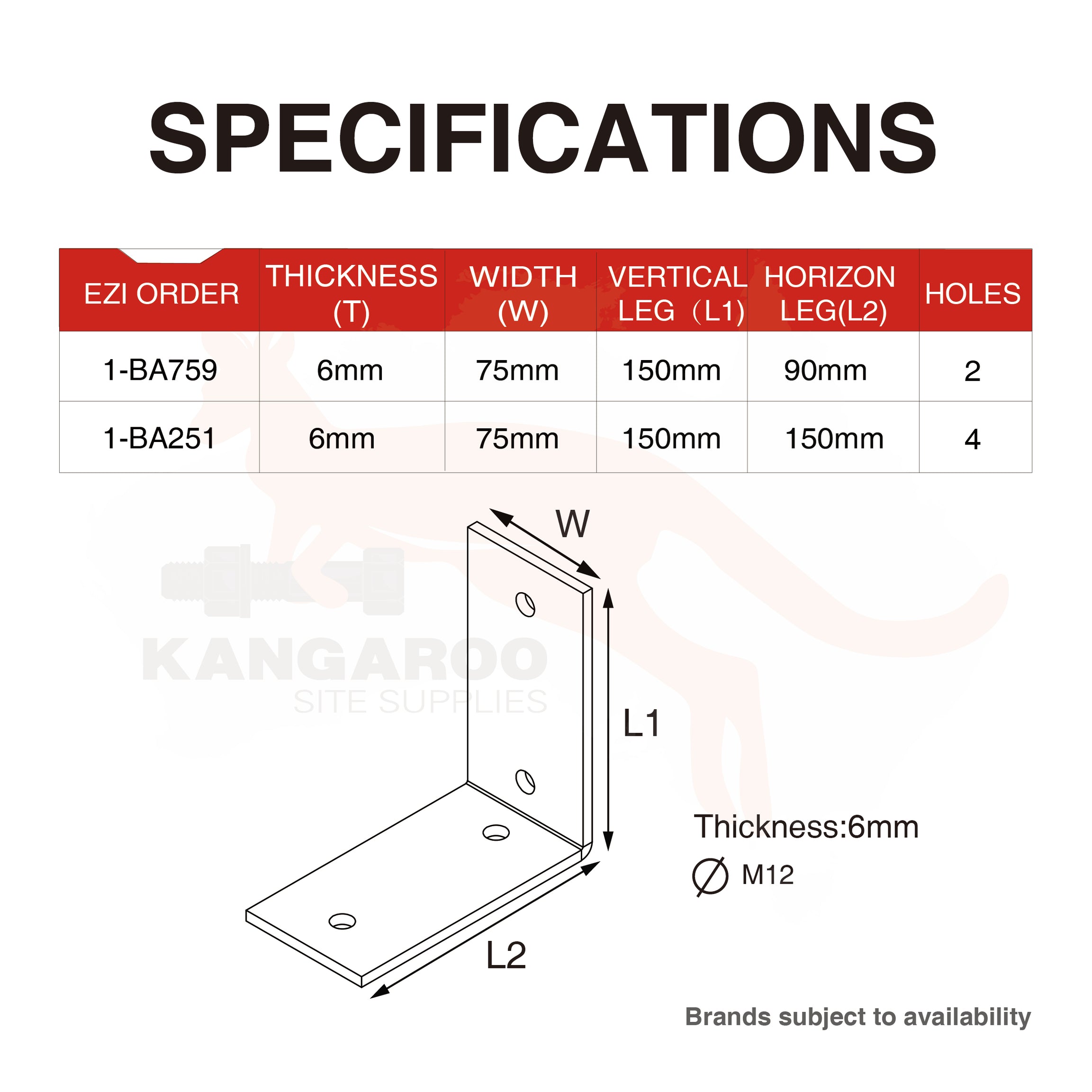 Builders Angle Bracket HDG 6mm Thickness M12 Holes