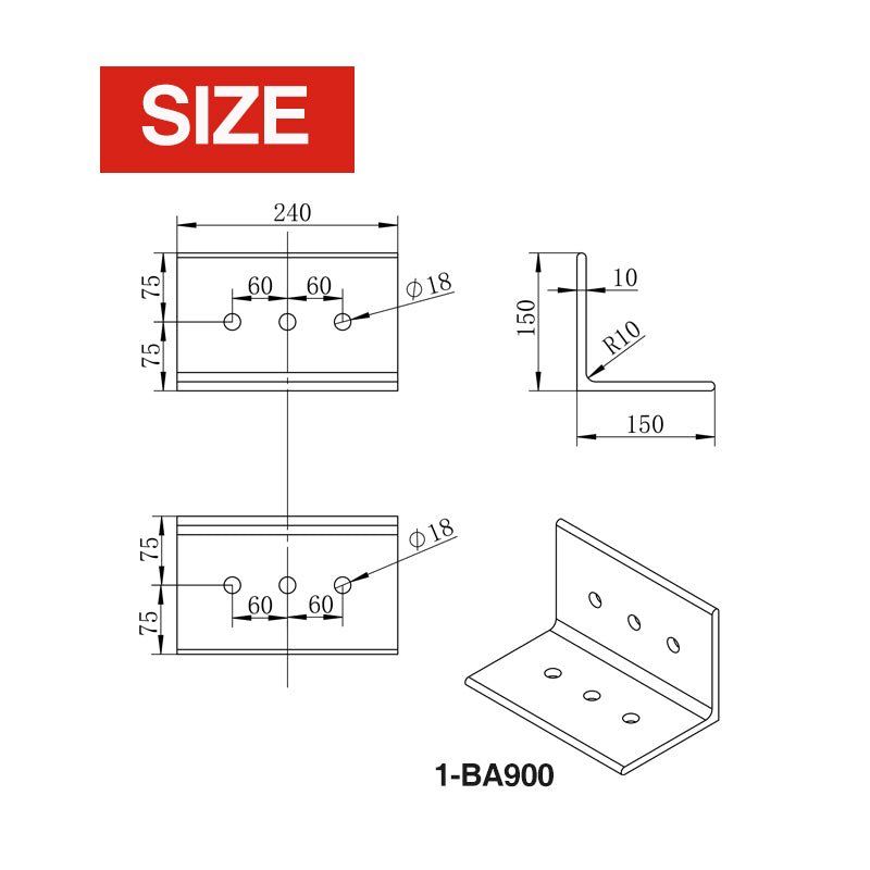 Heavy Duty Angle Bracket 150x150x240x10mm, 150x150x290x10mm