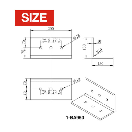 Heavy Duty Angle Bracket 150x150x240x10mm, 150x150x290x10mm
