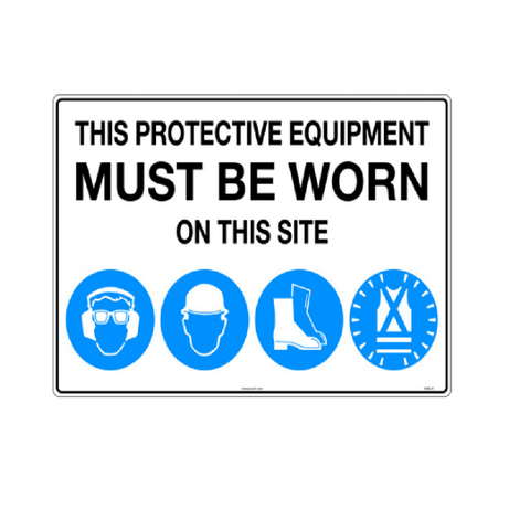 Safety Sign 600x800mm - Hearing, Glasses, Hat, Boots, Hi Vis