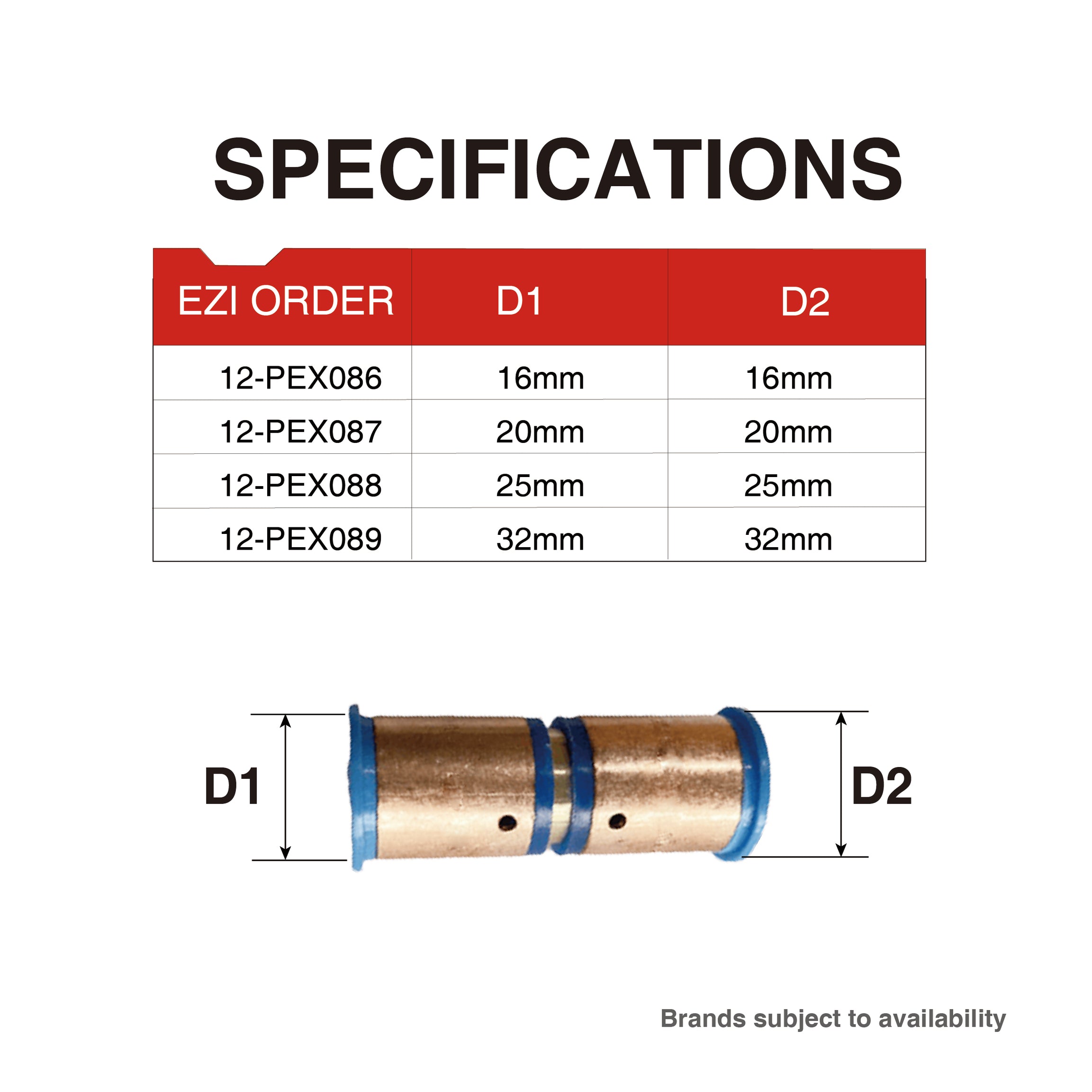 Pex Crimp-On Brass Fittings Straight Coupling  As/Nzs 2537, Multiple Sizes