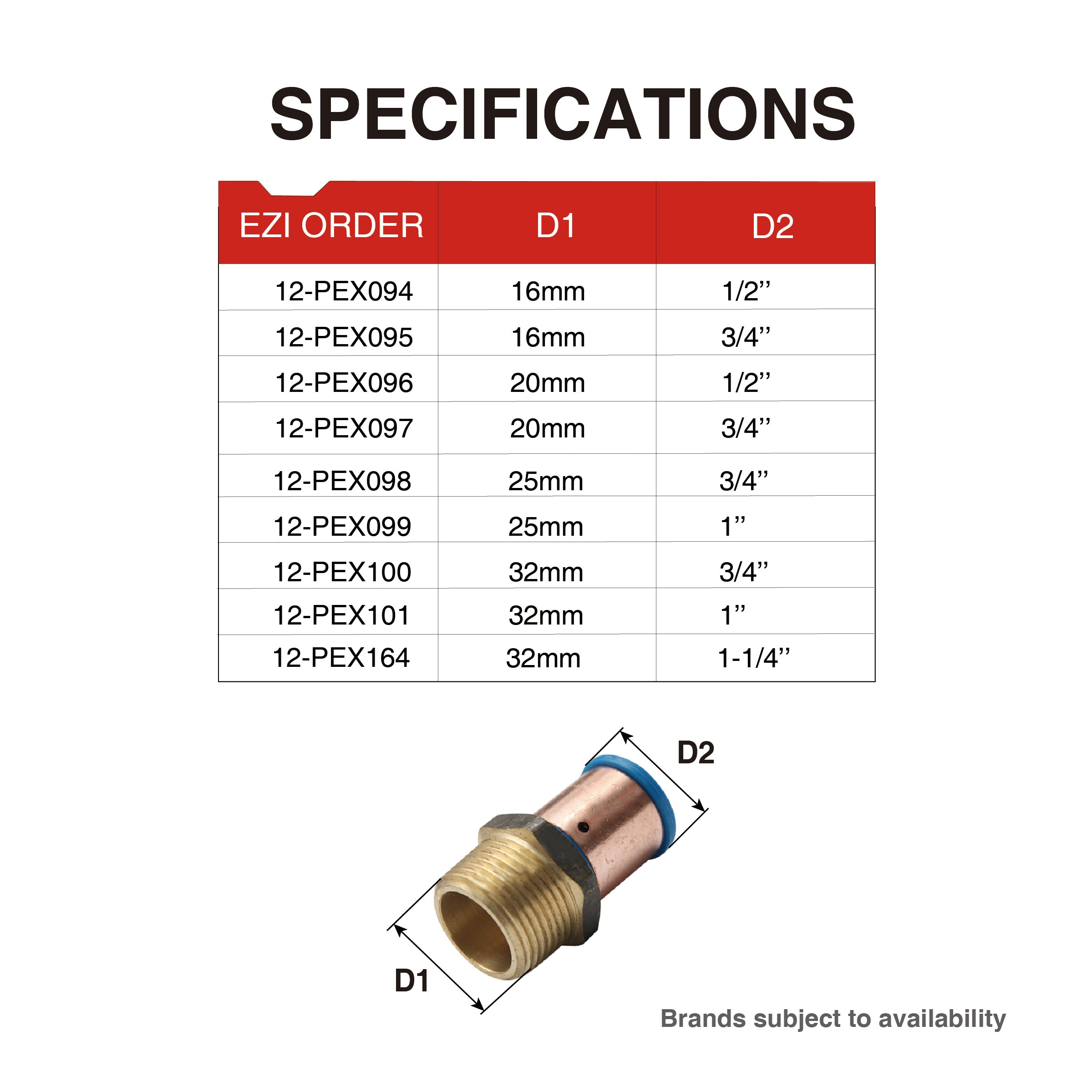 Pex Crimp-On Brass Fittings Male Straight As/Nzs 2537, Multiple Sizes