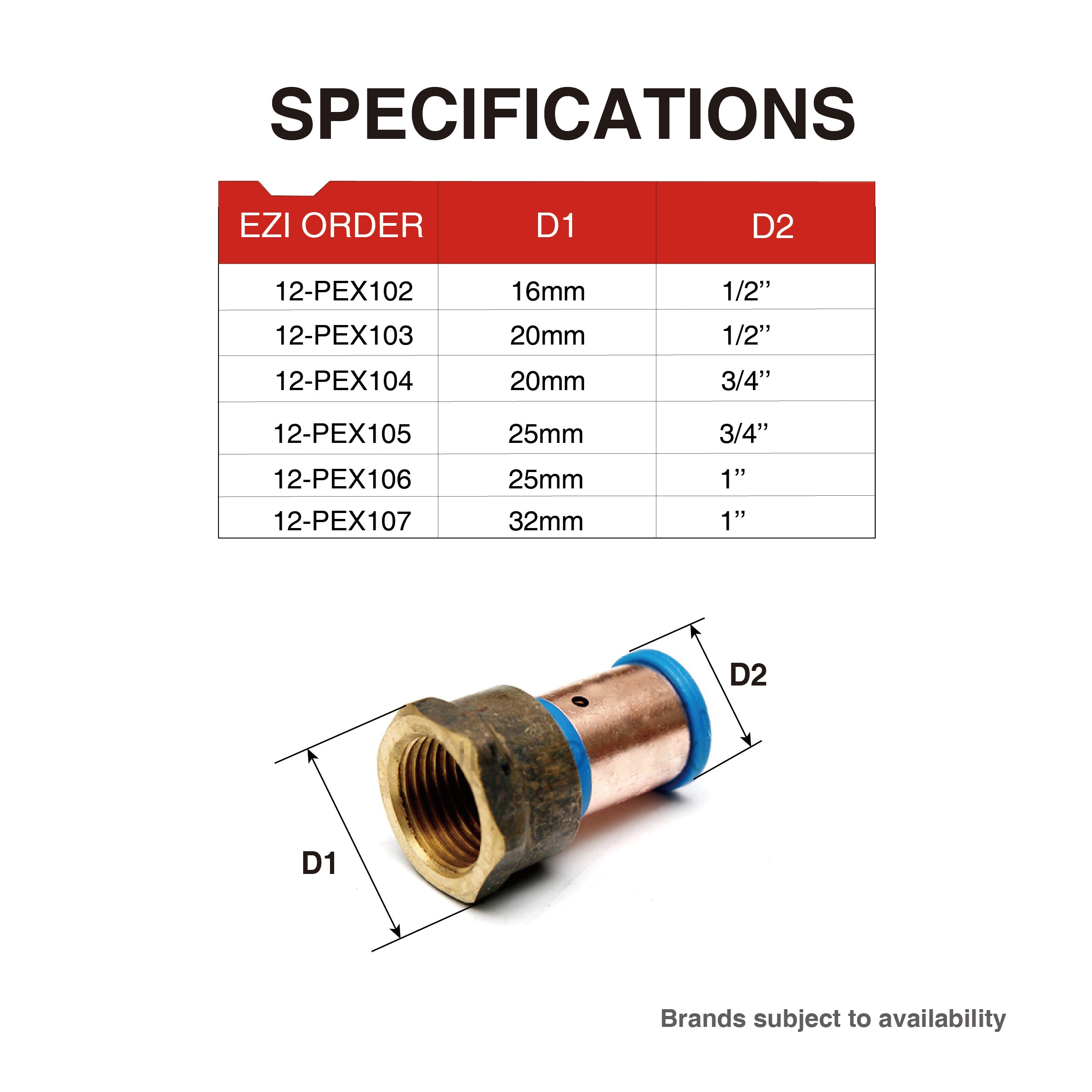 Pex Crimp-On Brass Fittings Female Straight As/Nzs 2537, Multiple Sizes