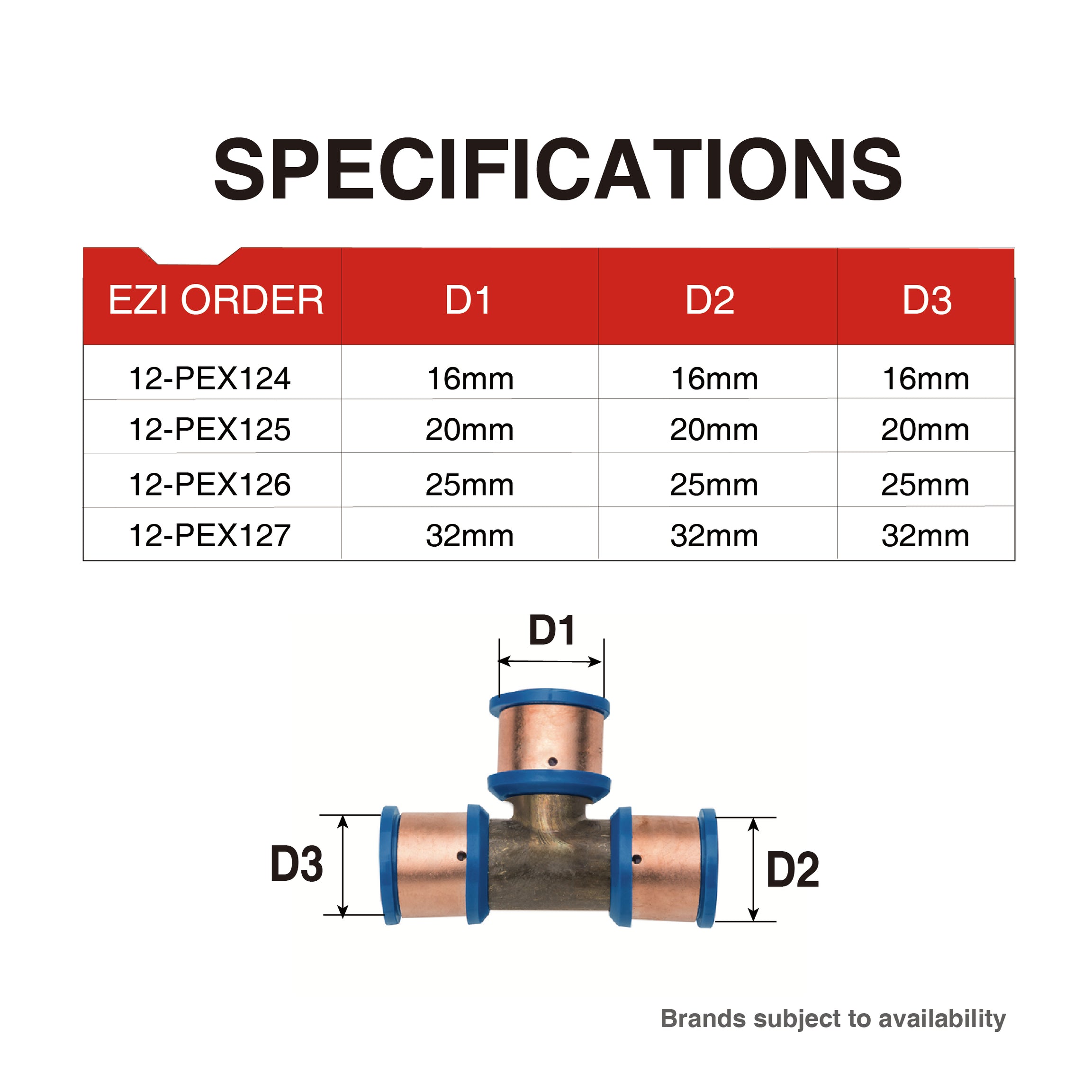Pex Crimp-On Brass Fittings Equal Tee As/Nzs 2537, Multiple Sizes