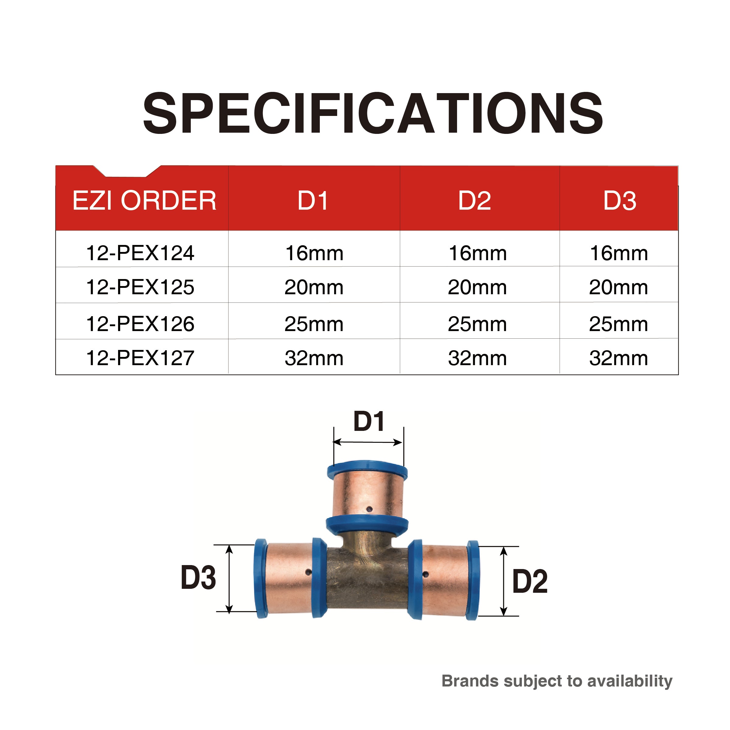 Pex Crimp-On Brass Fittings Equal Tee As/Nzs 2537, Multiple Sizes