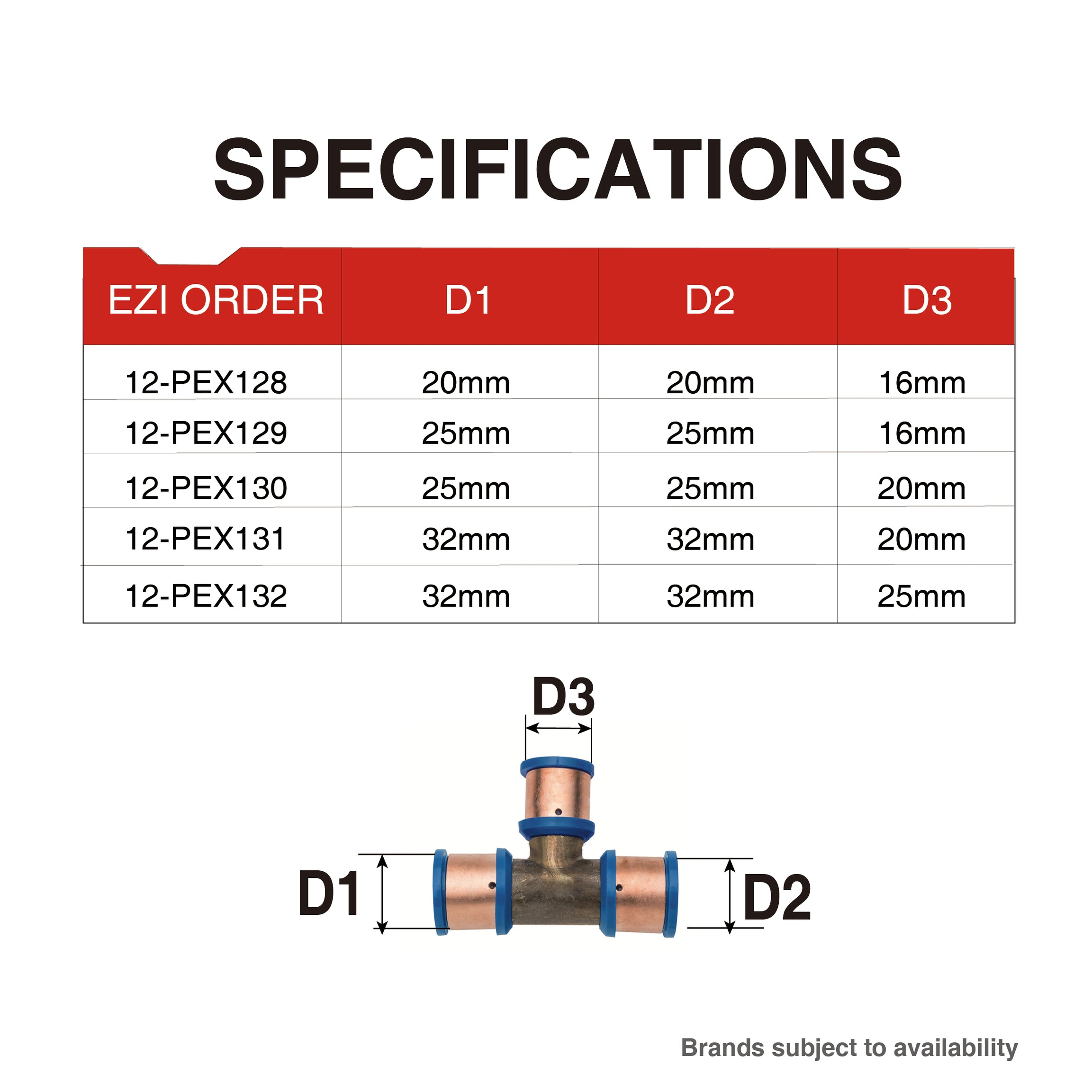 Pex Crimp-On Brass Fittings Tee Reduced Centre As/Nzs 2537, Multiple Sizes