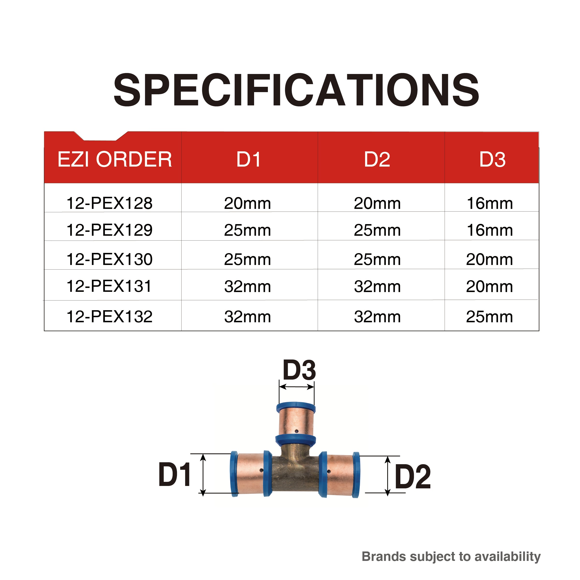 Pex Crimp-On Brass Fittings Tee Reduced Centre As/Nzs 2537, Multiple Sizes
