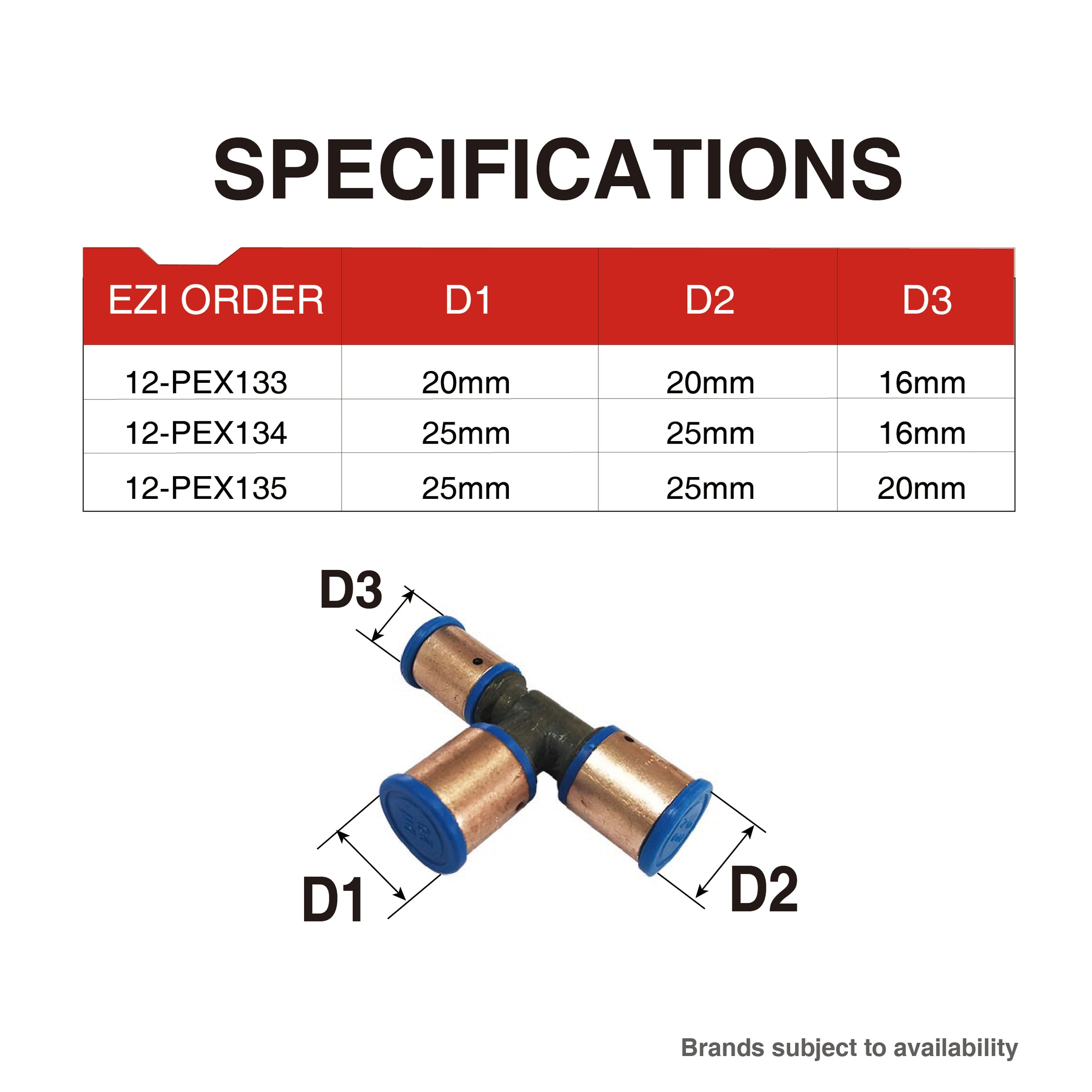 Pex Crimp-On Brass Fittings Tee Reduced End As/Nzs 2537, Multiple Sizes