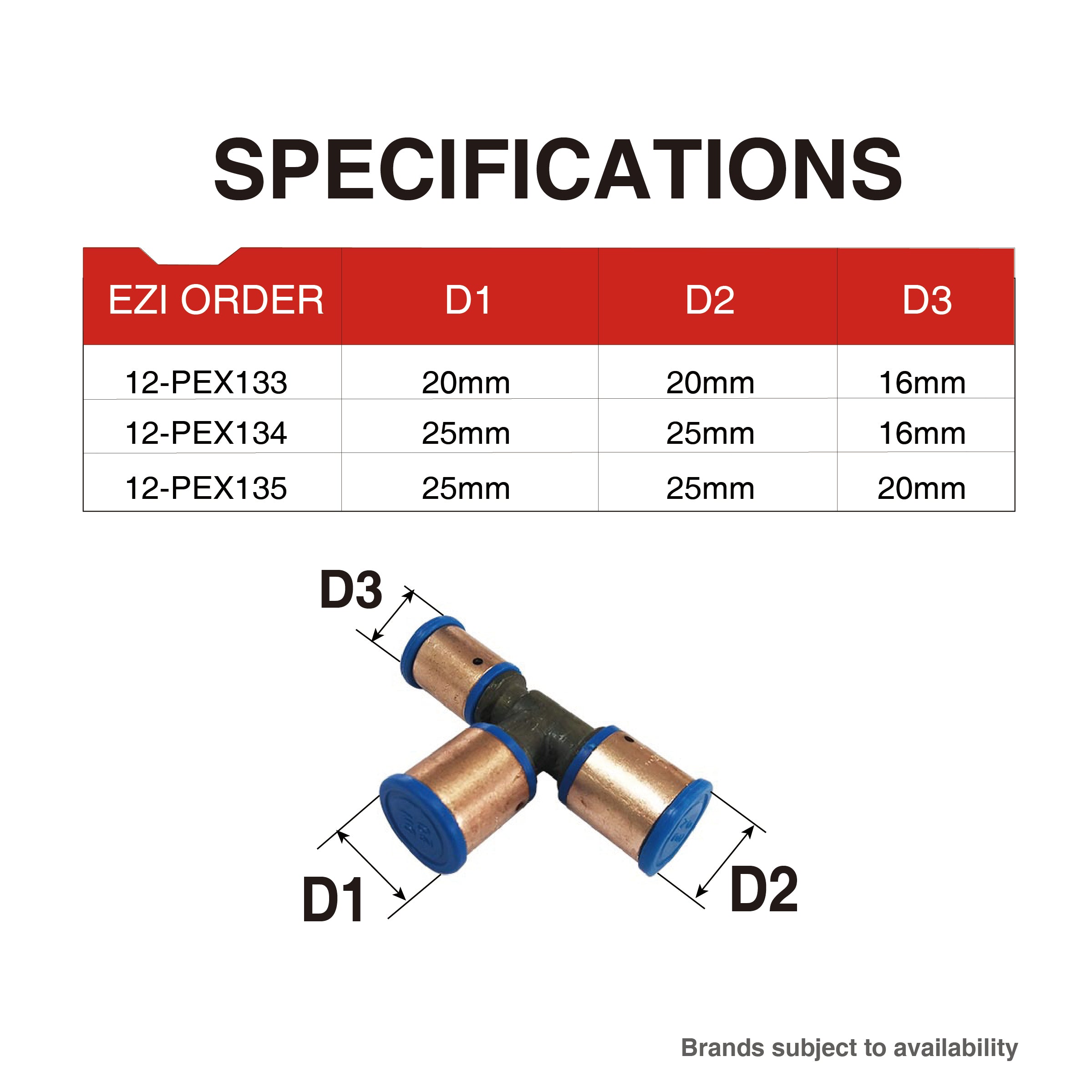 Pex Crimp-On Brass Fittings Tee Reduced End As/Nzs 2537, Multiple Sizes