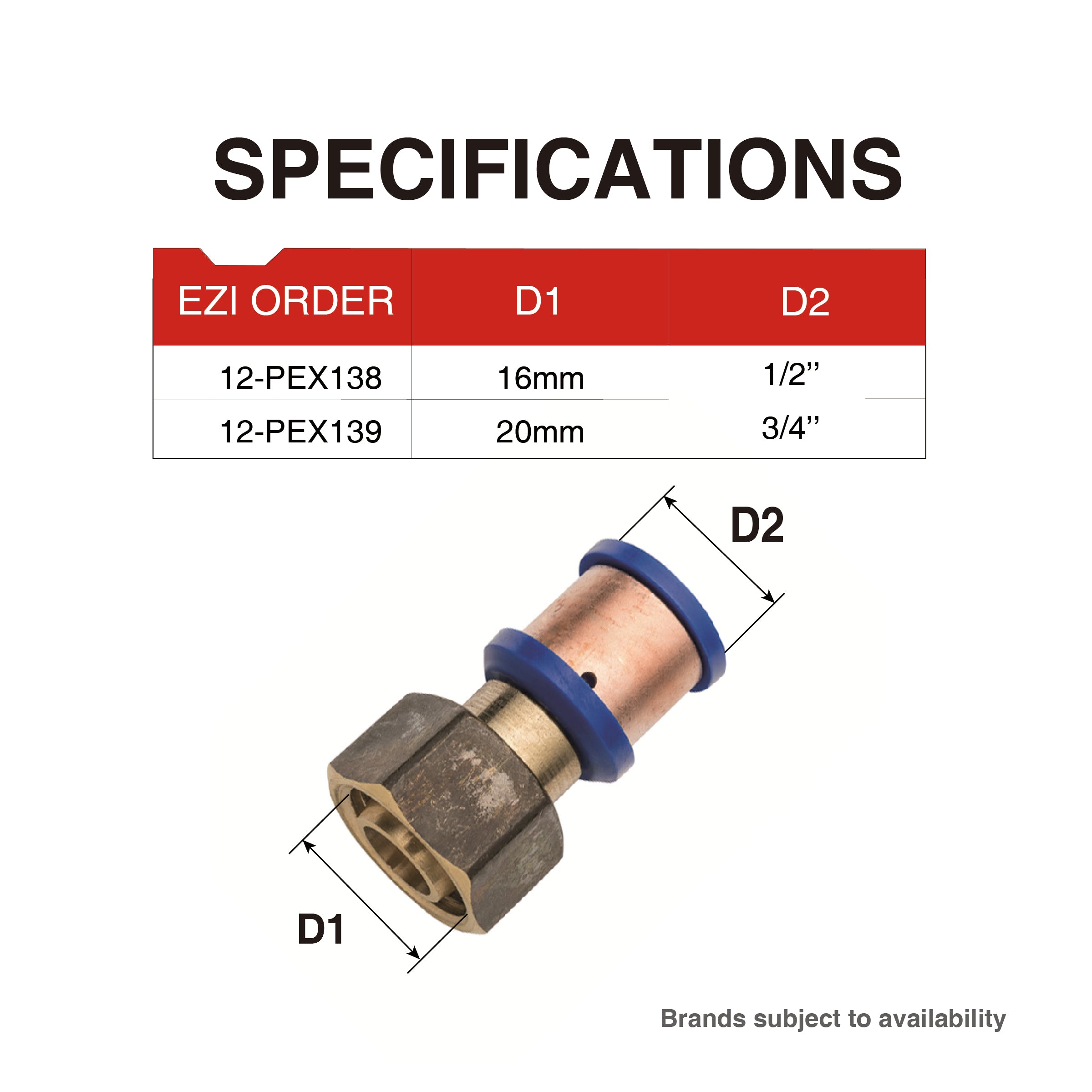 Pex Crimp-On Brass Fittings Female Straight Tap Connector As/Nzs 2537, Multiple Sizes