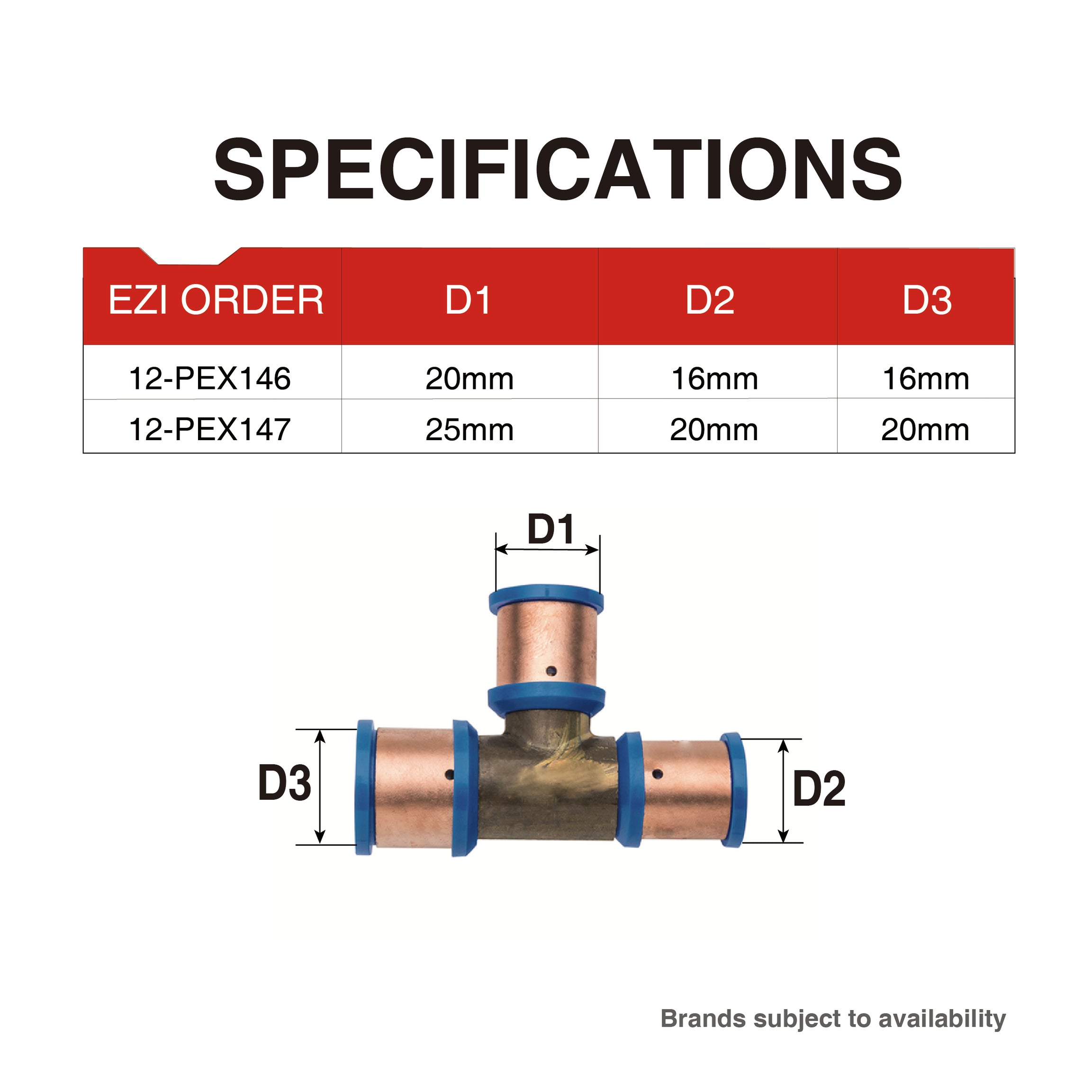 Pex Crimp-On Brass Fittings Reducing Tee As/Nzs 2537, Multiple Sizes