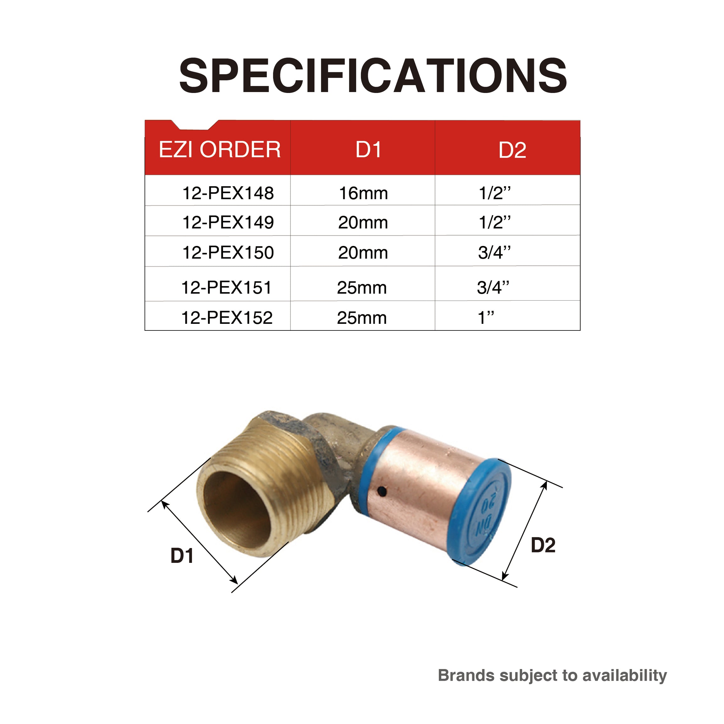 Pex Crimp-On Brass Fittings Male Thread Elbow As/Nzs 2537, Multiple Sizes