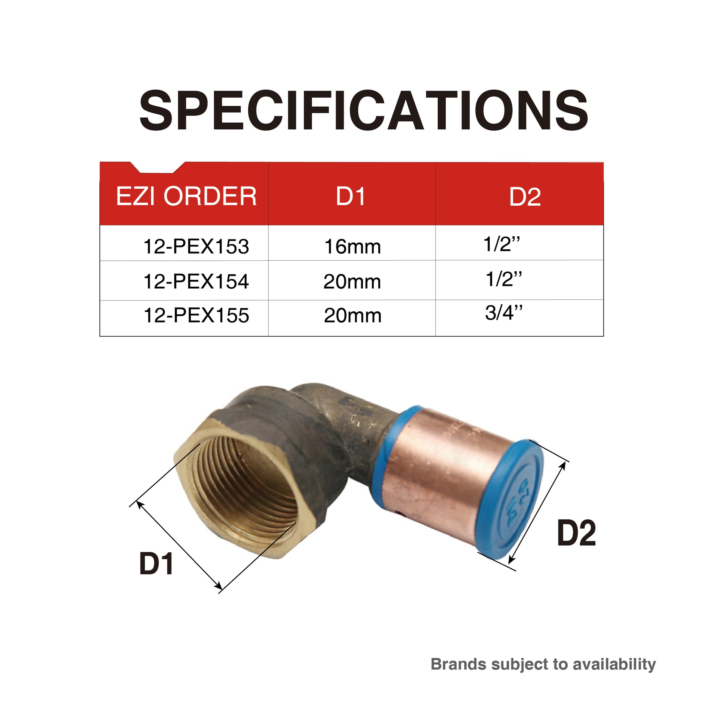 Pex Crimp-On Brass Fittings Female Thread Elbow As/Nzs 2537, Multiple Sizes