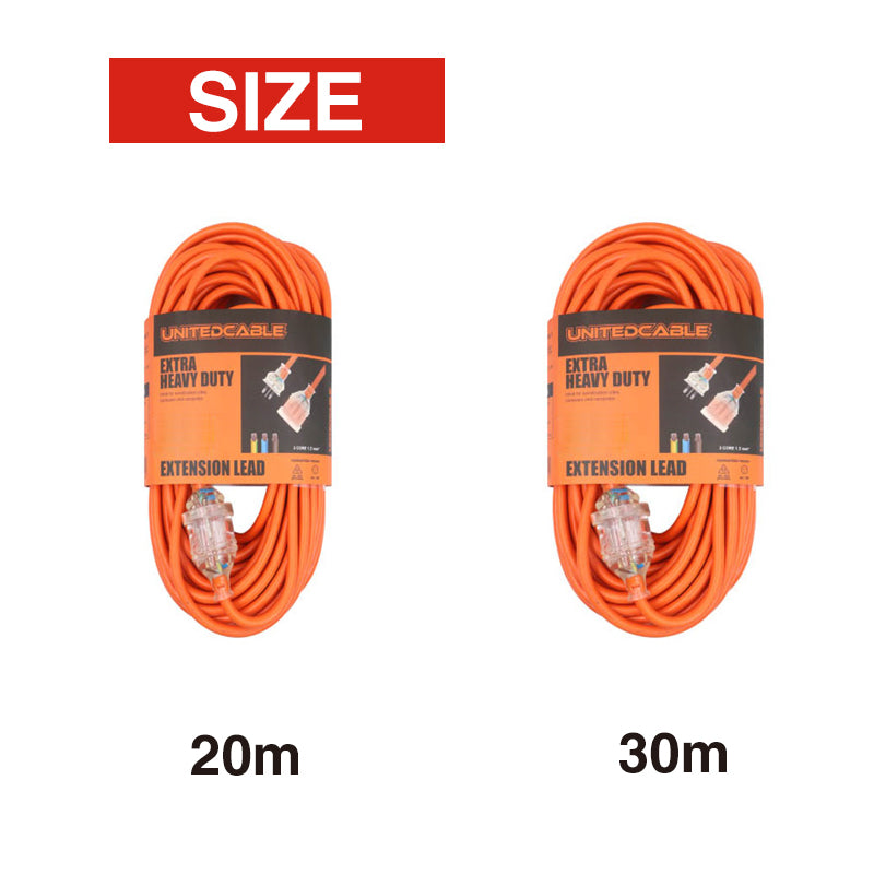 Heavy Duty Extension Lead 15A with 10A Plug, 20m or 30m