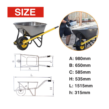 Construction Wheelbarrow Wide Wheel Steel Tray 100L