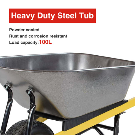 Construction Wheelbarrow Wide Wheel Steel Tray 100L