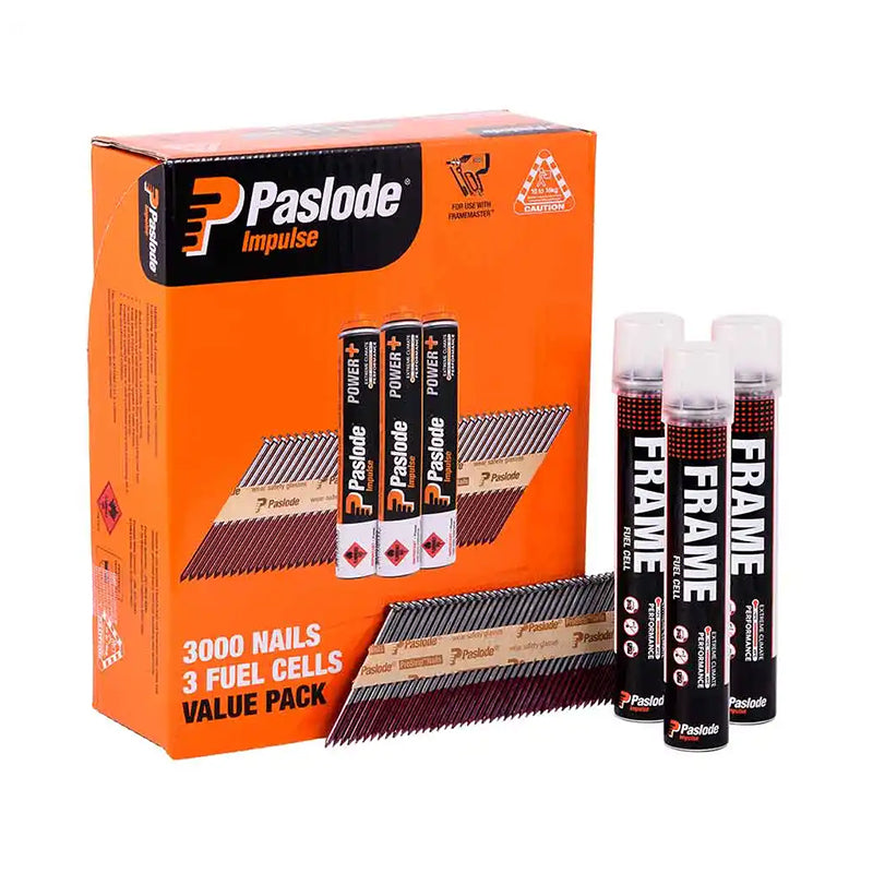 Paslode Impulse 3.06mm x 75mm Framing Nails - Box of 3000 + 3 Fuel Cells - B20547V