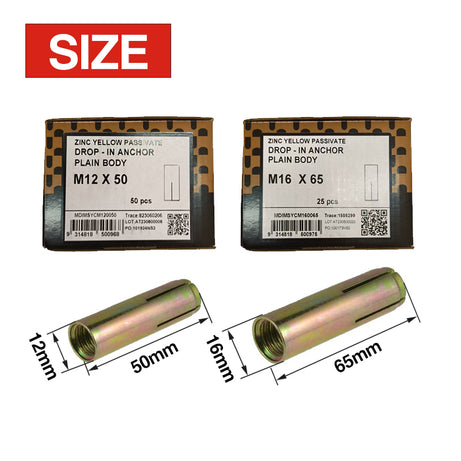 Hobson Drop-In Anchor Zinc Yellow M12x50mm, M16x65mm