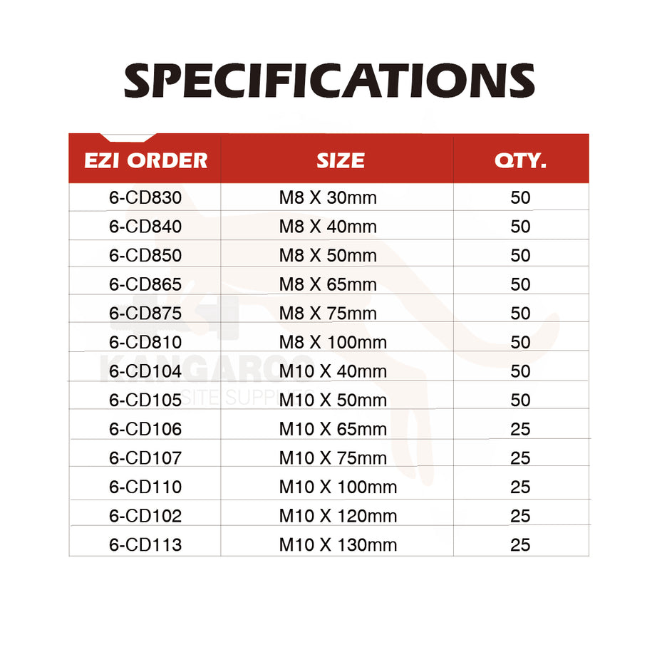 HOBSON Coach Screw Hex S316 M8 To M16, Multiple Lengths