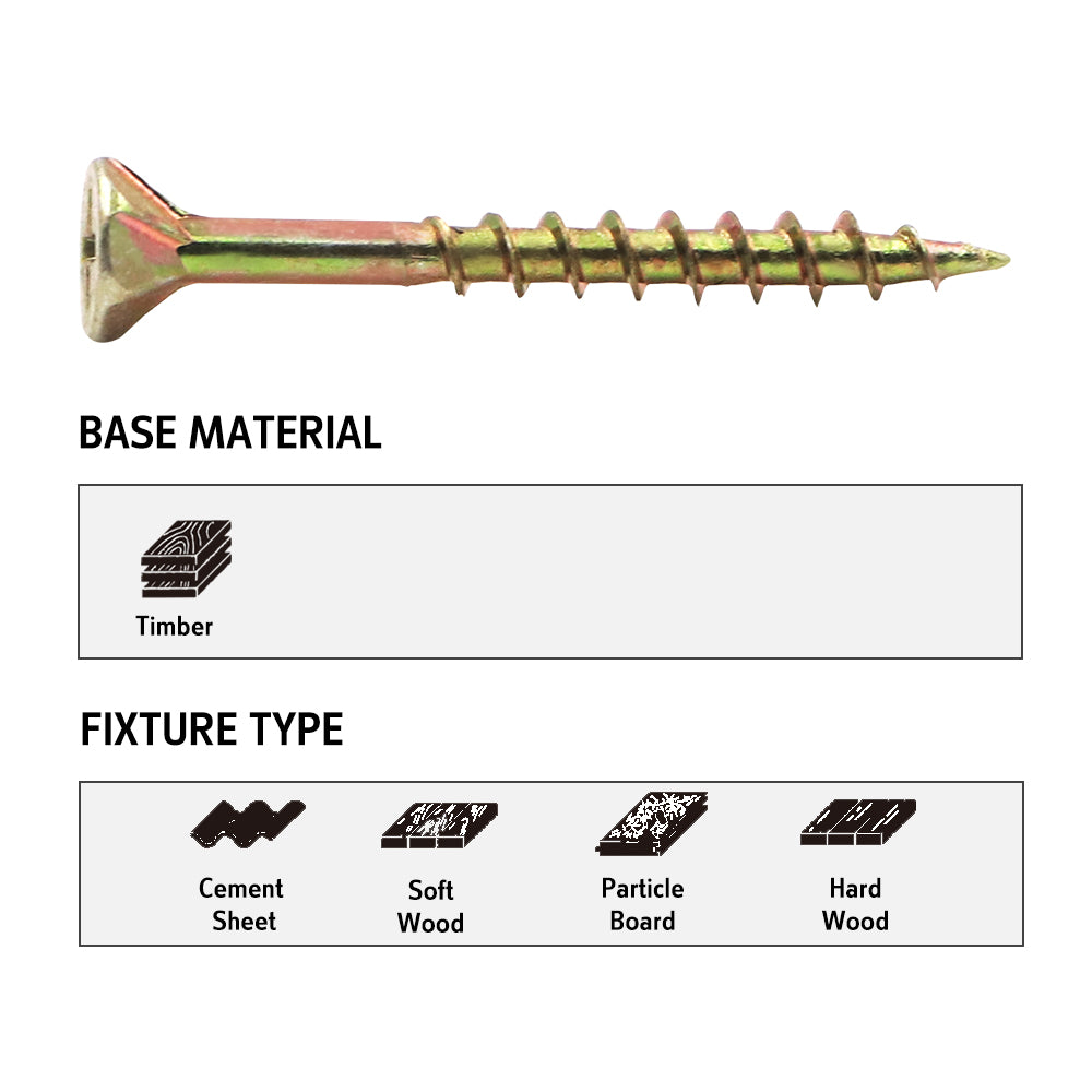Chipboard Screw Yellow Zinc Nibs #8, #10 , Multiple Sizes