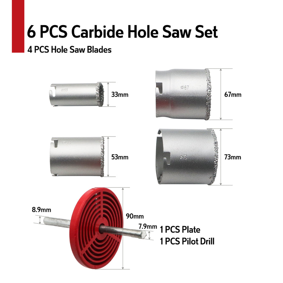 Holesaw Kit Carbide Grit 33-73mm 6pcs